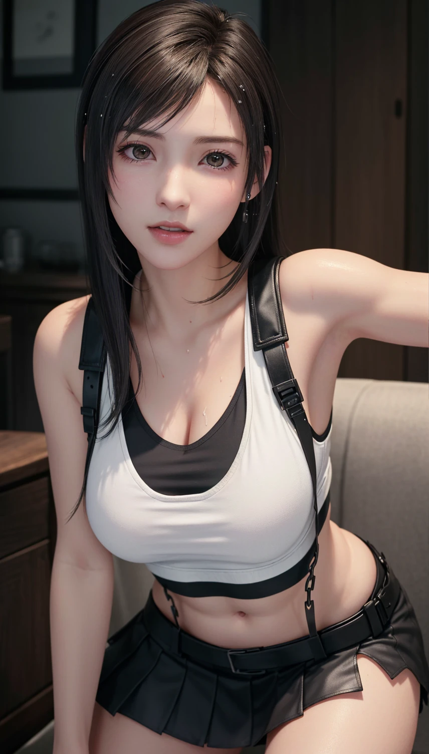Tifa Lockhart, masutepiece, Best Quality, defTifa, White crop top, elbow pad, Fingerless gloves, suspenders, pencil skirts, Upper body, Looking at Viewer, Leaning forward, Smile, a bar counter, City at night