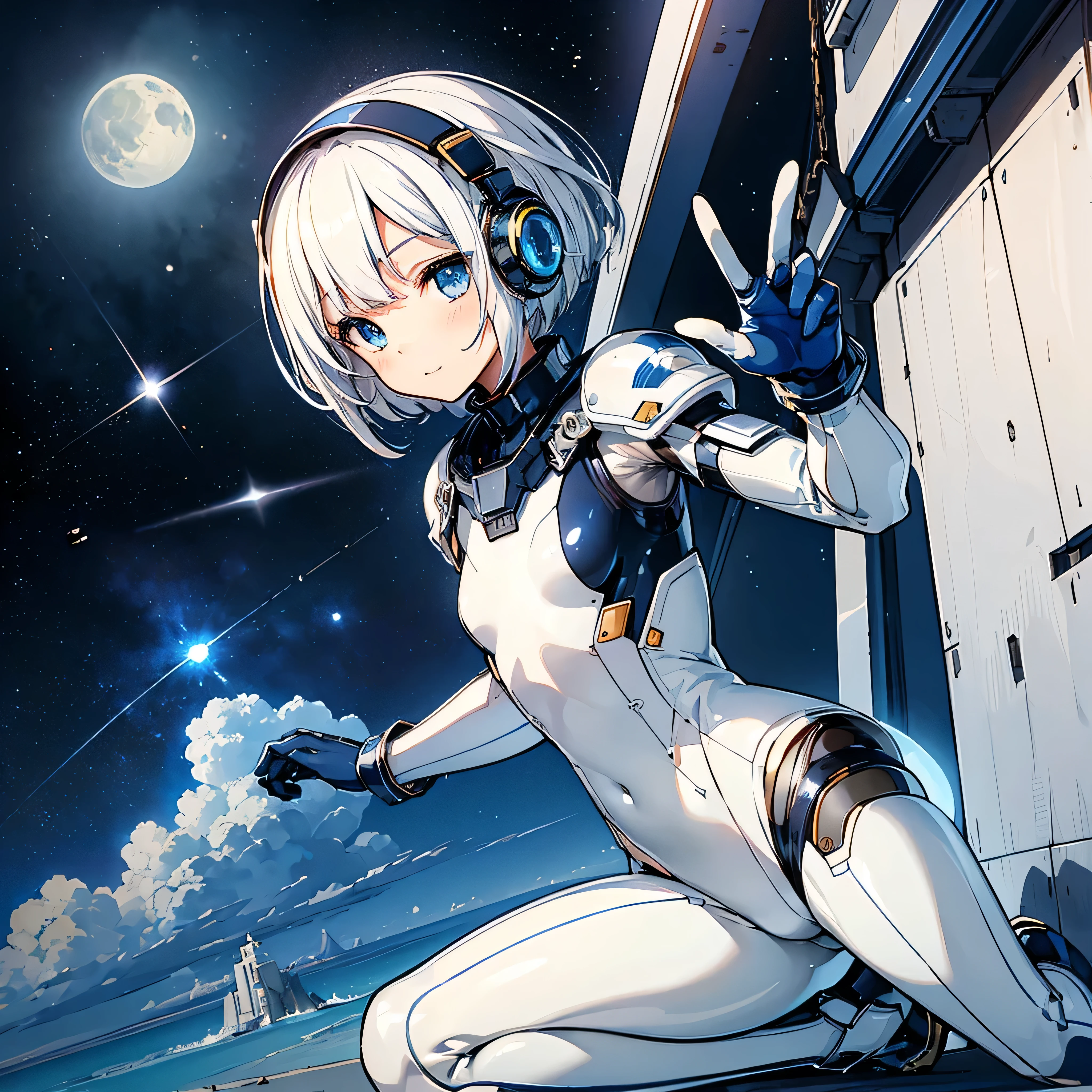 White combat suit with blue pattern, pretty girl, Pixie Cut Hair, Small breasts, Flat Chest, Outdoor, blue sky, Canon, masterpiece, high quality, Attention to detail, Textured skin