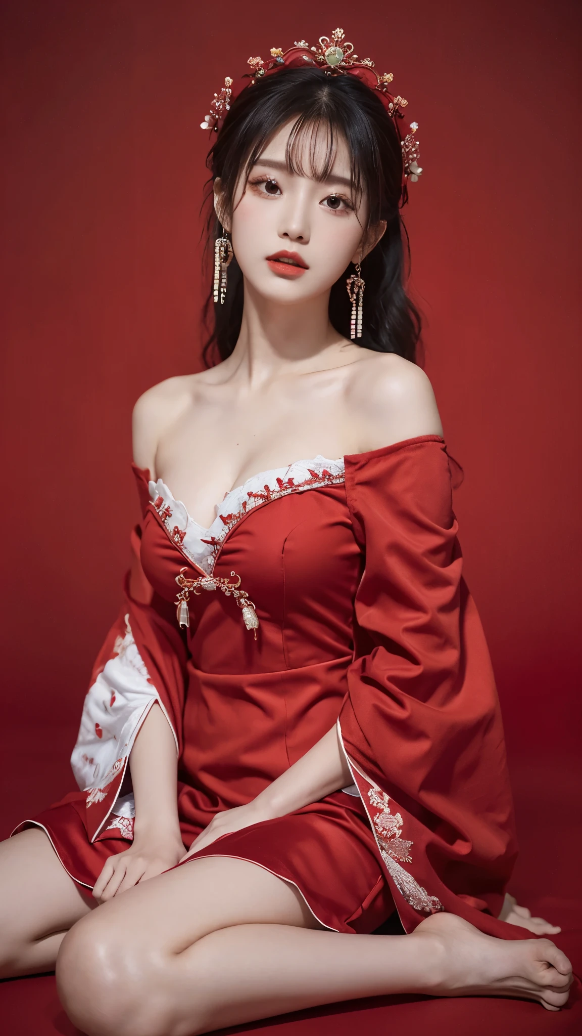 （（高Picture quality、Picture quality、Picture quality、The ultimate detail masterpiece, eye for detail,dreamy effect））、火RedThe ribbon flutters背景9.0（Red）、Oriental beauty（20 years old）、Oval face、Red长发披肩（grace）、大Red凤眼、Red眼、Wearer Han Dynasty transparent clothes 1.0（Red）、side、Avatar（close up）、8K、The ribbon flutters（wrap the whole body）、dance（Ribbon Style）、