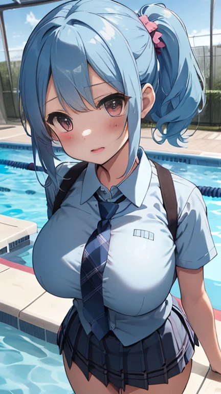 (the Extremely Detailed CG Unity 8K Wallpapers)、top-quality、独奏、1girl in、beatiful detailed eyes、Bright pupils、(extremely delicate and beautiful)、(Beautiful and detailed eyes description)、ultra-detailliert、masterpiece、))、Colossal tits、atlibrary、Put your hands on your chest、Photorealsitic、Sailor Mercury、lightblue hair、Big buttocks、student clothes、eye glasses、Buruma、short-cut