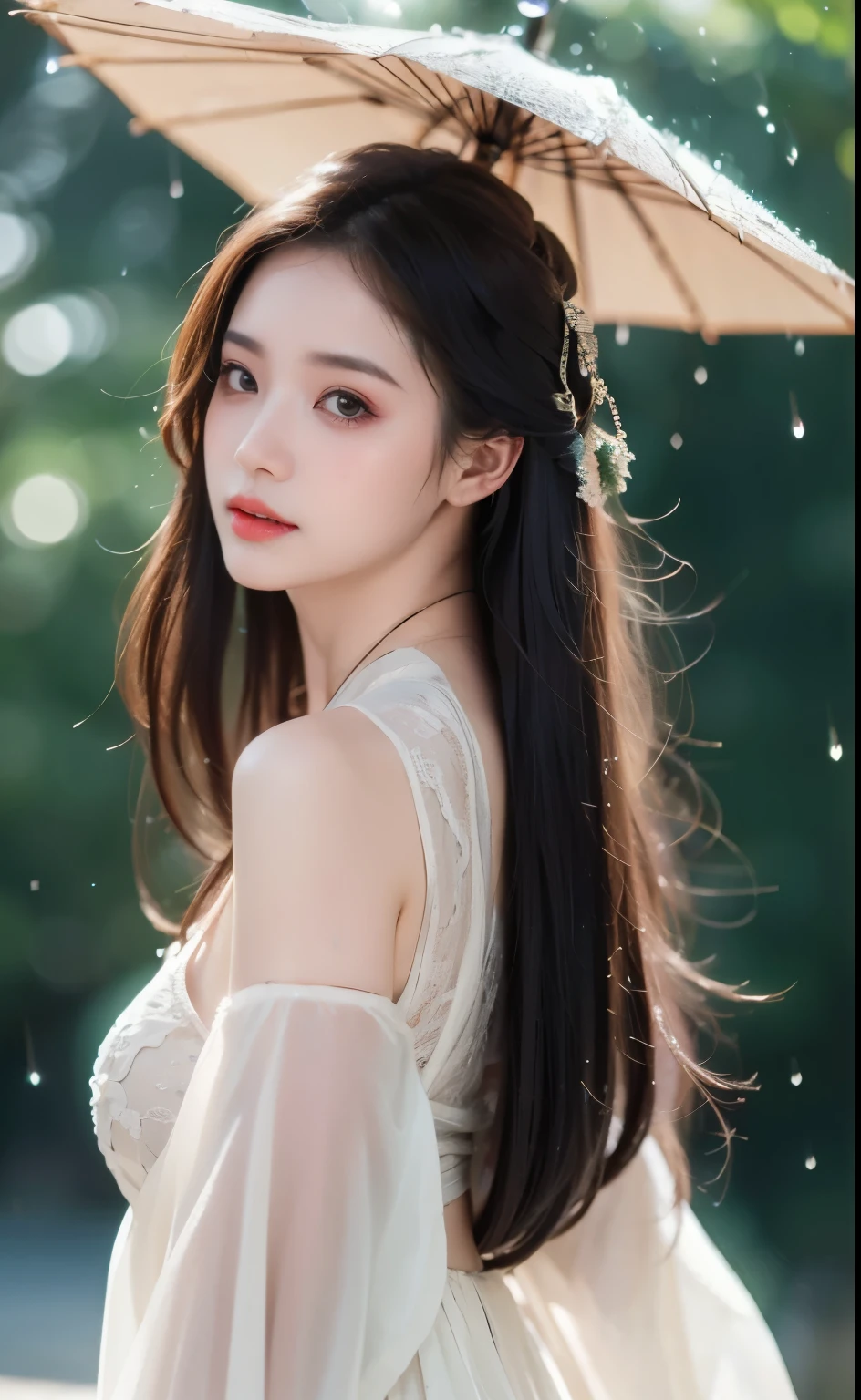 ((Best Quality, 8k, Masterpiece: 1.3)), Focus: 1.2, Perfect Body Beauty: 1.4, Buttocks: 1.2, ((Layered Haircut)), (Wet Clothes: 1.1), (Rain, Street:1.3), (Breasts: 1.2), (Hanfu: 1.2), Bare Shoulders, Bare Legs, Highly Detailed Face and Skin Texture, Fine Eyes, Double Eyelids, Whitened Skin, Long Hair, (Shut Up: 1.5), (Bokeh Background: 1.5), Big Breasts
