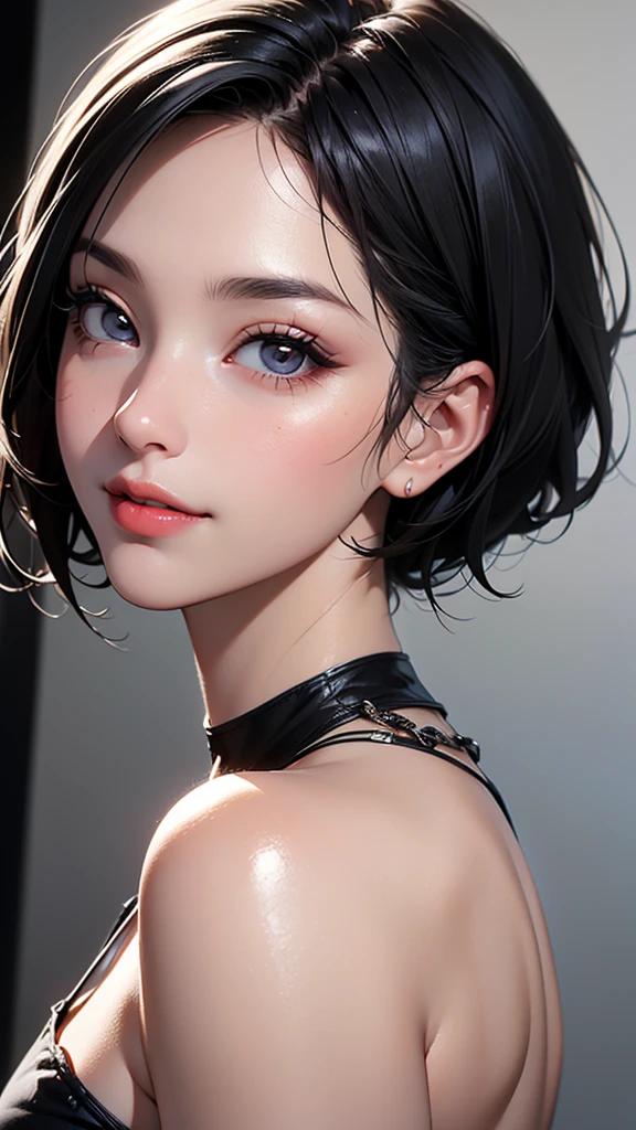 (((highest quality、8k、masterpiece)))、sharp focus、cinematic lighting、soft light、high resolution skin:1.3、realistic skin texture、30 year old mature woman、small face、no makeup、short hair、dark brown hair、detailed beautiful eyes、small breasts、、bust B cup、wearing a pendant、sexy pose、Slender body type、Cool beauty、gray background