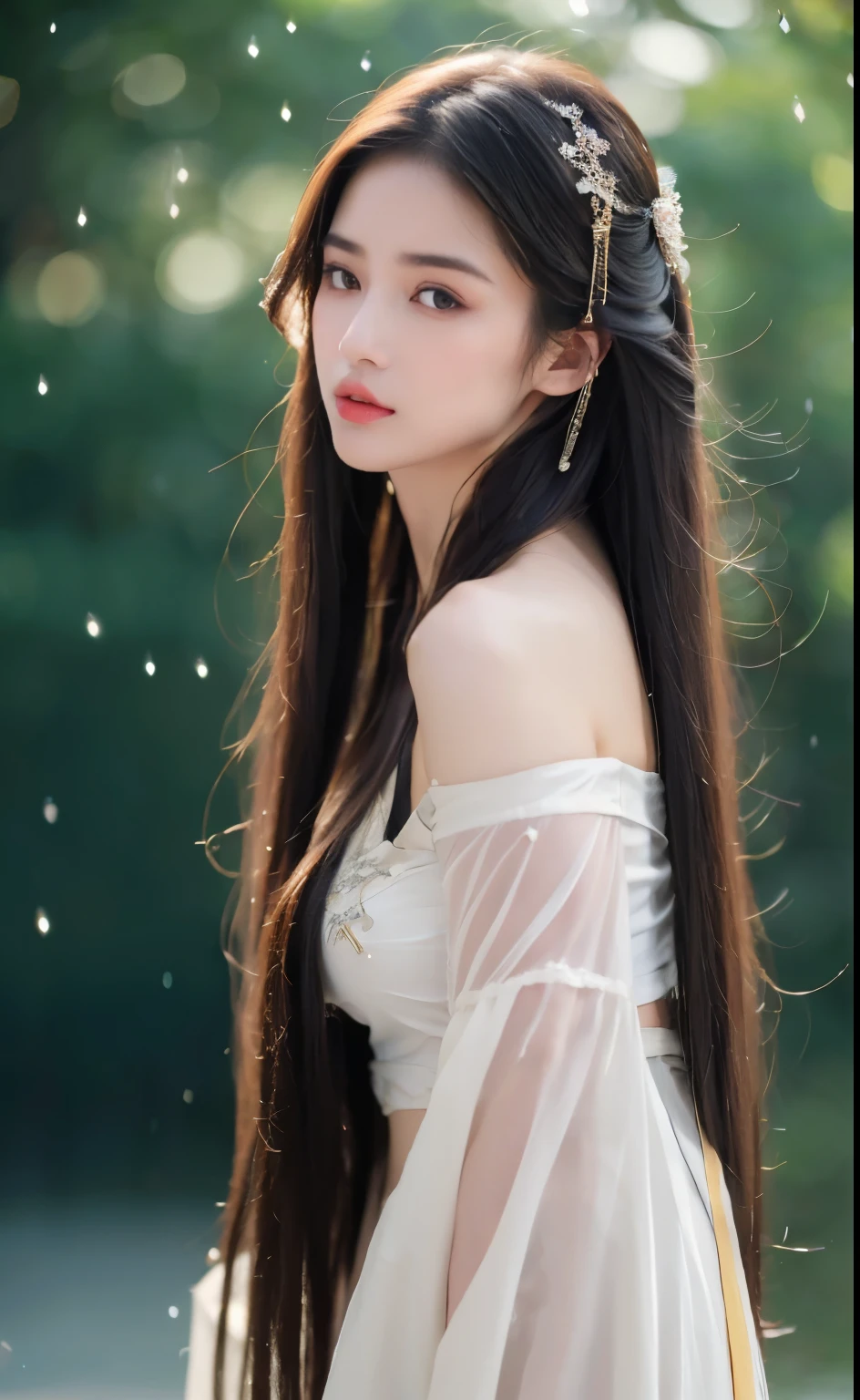 ((Best Quality, 8k, Masterpiece: 1.3)), Focus: 1.2, Perfect Body Beauty: 1.4, Buttocks: 1.2, ((Layered Haircut)), (Wet Clothes: 1.1), (Rain, Street:1.3), (Breasts: 1.2), (Hanfu: 1.2), Bare Shoulders, Bare Legs, Highly Detailed Face and Skin Texture, Fine Eyes, Double Eyelids, Whitened Skin, Long Hair, (Shut Up: 1.5), (Bokeh Background: 1.5), Big Breasts