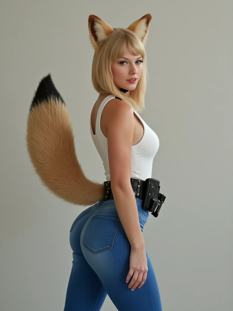 ((  Top Quality , 8k)), ((Masterpiece)), (  max resolution), ((  Photorealistic)),  perfect face  , ((  woman with fox ears )), ((  That woman has a tail  )), ((Her tail is big  )), (Beautiful blonde woman is smiling with her mouth open), She's a college student  , A  , ((Only one tail)),  she has thick thighs  , ((  her big fox tail  )) , (( You can see the fox's tail)) , She wags her tail, She is wearing a police suit ,  Deep V Neckline  , Big Breasts ,  big hips, ((  has 1 tail on my butt  )) ,  the fox's tail sticks out  , The tail is fox colored  , She's staring at her back ,  dynamic model pose  ,  with a tail on her butt