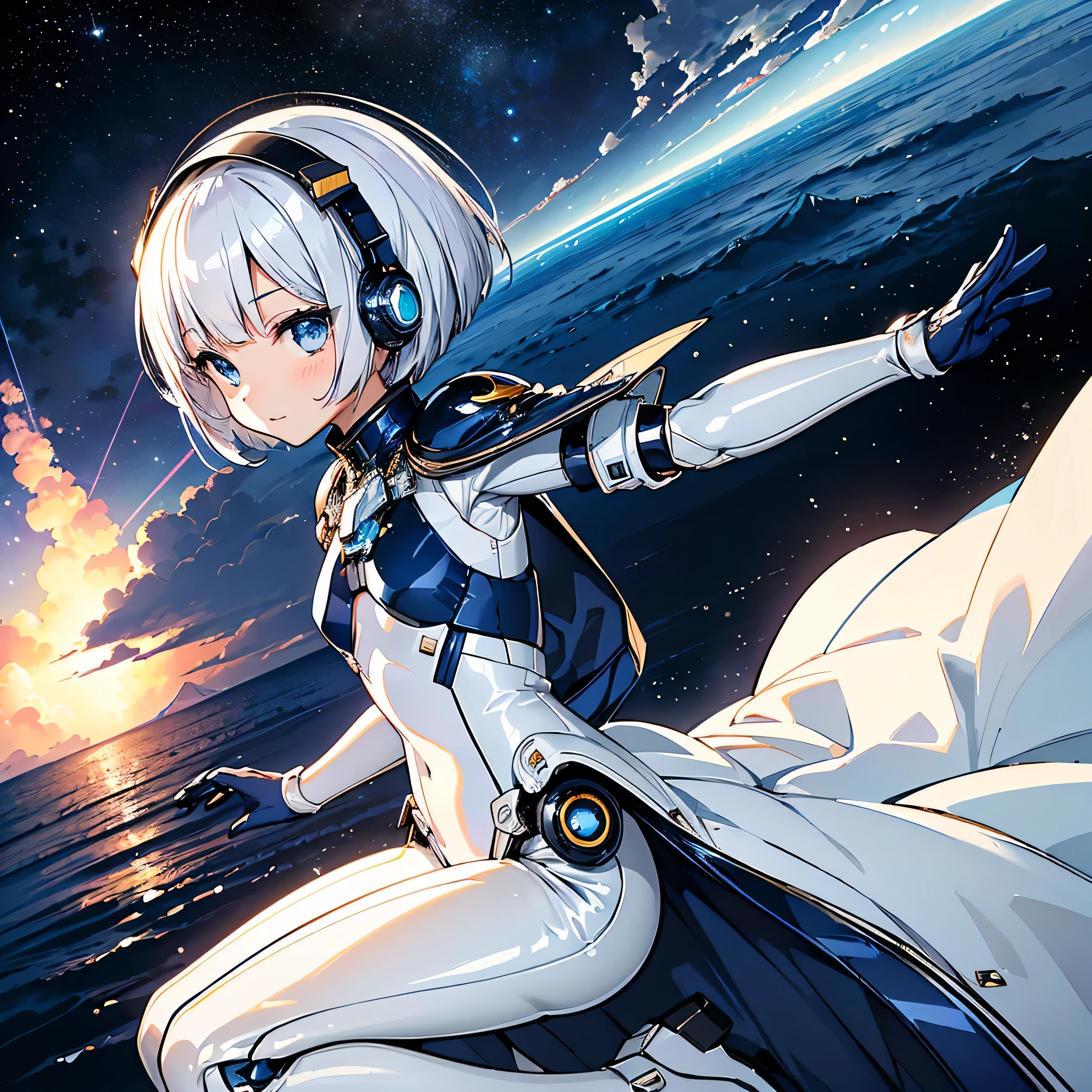 Anime girl in white and blue outfit sitting on a rock - SeaArt AI