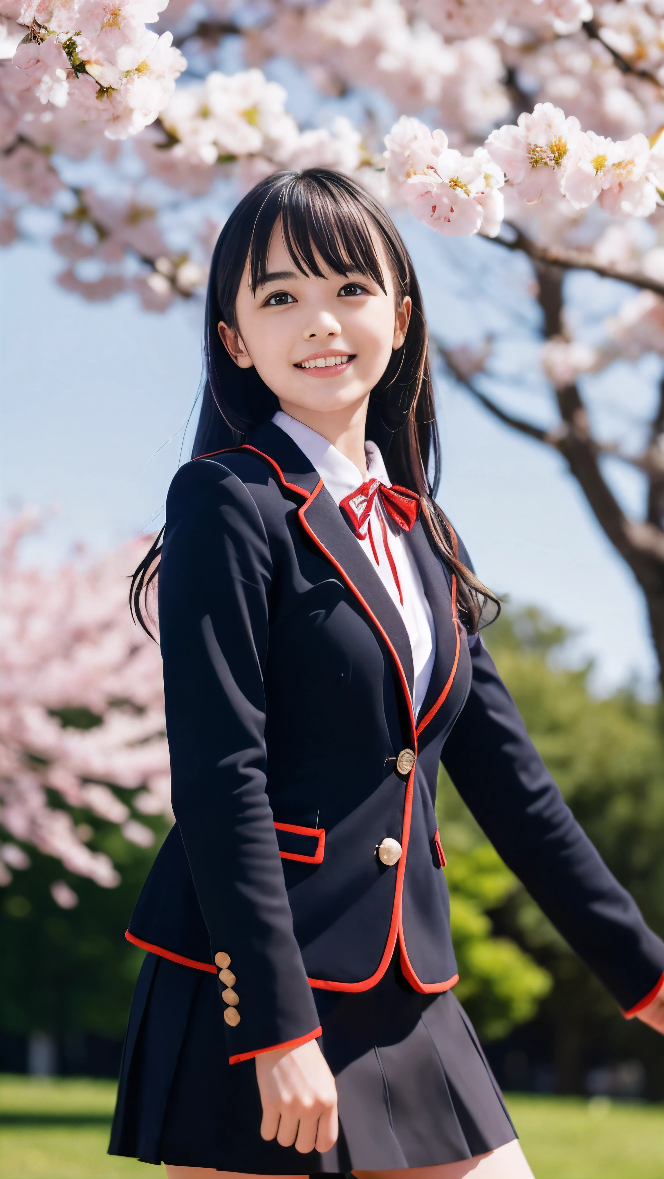 (Low angle shot of one slender small breasts dark silver long hair with swept bangs girl in a black blazer uniform with a red trimmed collar and black skirt:1.5)、(A girl is dancing in the park with happy smile:1.5)、(Beautiful blue sky and cherry blossoms in full bloom in Japan:1.5)、(Uniform with a black blazer and a black skirt with a red edging collar:1.5)、(blurred background:1.5)、(Natural light:1.5)、(8k ultra detailed master piece:1.5)、(perfect anatomy:1.5)、(Photorealistic stick:1.5)、(Raw photo:1.3)、(highest quality:1.5)、(High resolution:1.3)、(Delicate and beautiful perfect face:1.3)、(Delicate and beautiful eye air skin:1.3)、(Real Human Skin:1.3)、((thin legs))