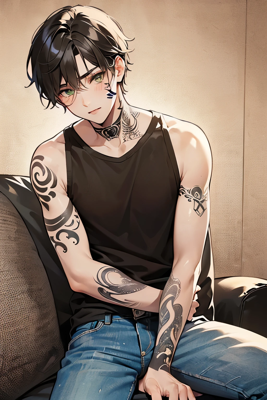((1-boy :1.5)),((Adult men with sex appeal:1.0)), black hair, for men, medium hair with visible tattoos , green eyes ,Beautiful Boy, skinny,close up Face,((tattoo on right arm:1.2)), tank top, denim pants,((Sepia Tone:1.2)),
