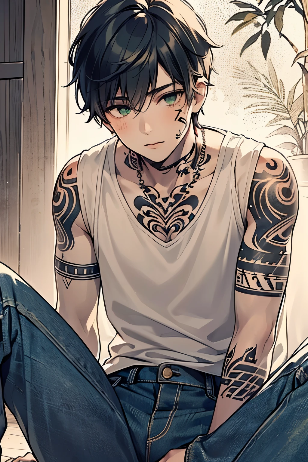  ((1-boy :1.5)),((Adult men with sex appeal:1.0)), black hair,  for men,  medium hair with visible tattoos , green eyes ,Beautiful Boy, skinny,close up Face,((tattoo on right arm:1.2)), tank top, denim pants,((Sepia Tone:1.2)),