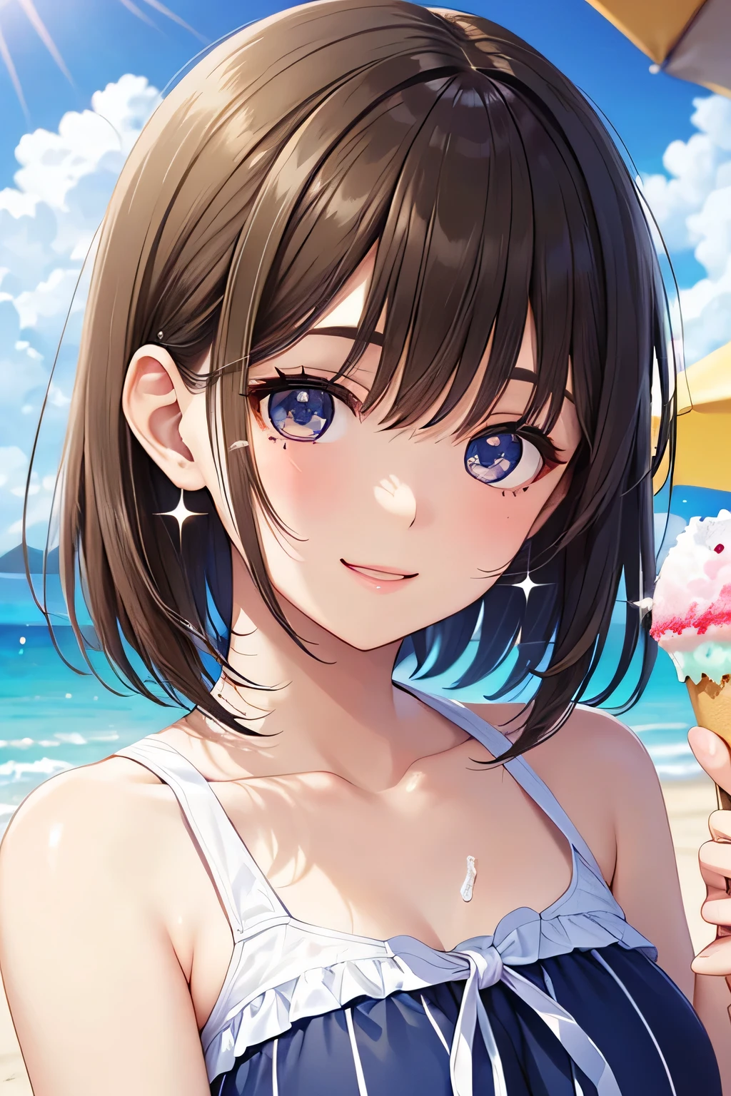 score_9,score_8_up,score_7_up,masterpiece,best quality, source anime, realistic, super detailed, extreme detailed, rating_safe,
1girl, (close-up face:1.2),profile, holding popsicle, open mouth, tongue, (sweat:1.3), half-closed eyes, blush, sideways glance, looking at viewer,
BREAK girl, 22yo, short hair, bob cut, (blunt bangs), black hair, (tareme, detailed cute brown eyes), curled eyelashes, (large breasts:0.9),
shiny hair, beautiful detailed eyes, beautiful face,
bikini, outdoors, beach,
