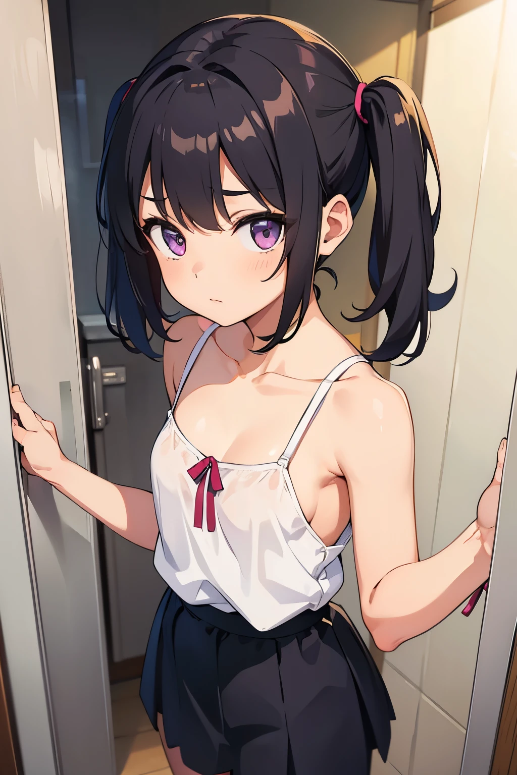 ((8K resolution))、((Highest quality))、((masterpiece))、((Very detailed))((((dramatic))), (Anatomically correct)、The depth of the object to write、spycam、(Yuko Hajifuyu、Black Hair、high school girl、Fair skin、Earrings、shirt)、((Completely naked、pubic hair))、locker room