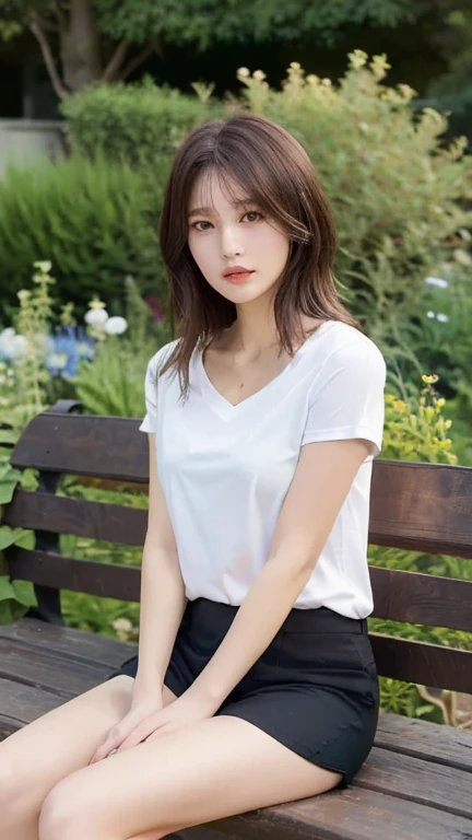 An innocent 20-year-old girl、((Denim shorts, White T-shirt,Dramatic Pose)),smile,Shortcuts,Park Background、RAW Photos, (8k、highest quality、masterpiece:1.2)、(Intricate details:1.4)、(Realistic:1.4)、Octane Rendering、Complex 3D rendering with ultra-detail, Studio Soft Light, Rim Light, Crisp details, Super detailed, Realistic skin texture, detailed aspects, Beautiful details in the eyes, Highly detailed CG Unity 16k wallpaper, Compensate, (Detailed Background:1.2), Glowing Skin, whole body、From head to thighs、Cleavage,((Sit on a bench))