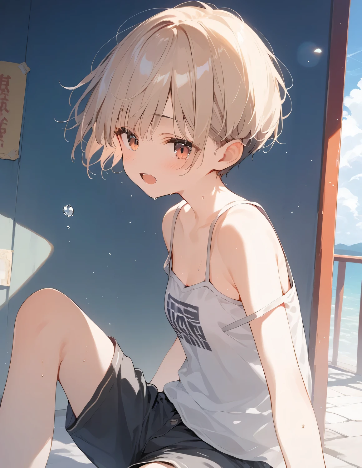 score_9, score_8_up, score_7_up, source_anime, best quality, masterpiece, official art, absurdres, highres, ultra-detailed,waifu2x,Collection: Slice of Life,break,1girl, tomboy, very short hair, pixie cut, breasts, hanme, beautiful detailed eyes, expressionless, shorts,sweat, open mouth, (yawn:0.3),sleepily, outdoors,meadow, wind, break,(clear line illustration:1.2), super detailed skin,very high resolution, very aesthetic, Best sexual lighting powered by famous artist, 8k, beauty illustration,photoshop_(medium),,(Detailed Lighting),best anime 8k konachan wallpaper, pixiv contest winner,
