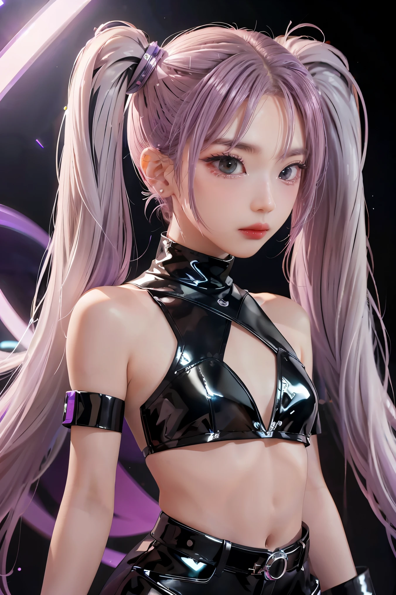 ,Best Quality, Ultra High Resolution, Cute, (KPOP Idol), (Long Twintail), (Light Purple Hair:1), ((Big Eyes)), Looking at you, BREAK ((upper body:1.3)), Front View,A character with long, flowing silver hair and a slender build, wearing a black and white outfit that includes thigh-high boots and gloves. The character is in a dynamic pose surrounded by ethereal purple crystals and energy, The character is in a dynamic pose surrounded by ethereal purple crystals and energy,A character with long, flowing purple hair, wearing a metallic top and black shorts with thigh-high boots. The outfit includes straps and belts, giving it a futuristic or fantasy style. The character is in a dynamic pose with radiant light or energy surrounding them, set against a minimalistic abstract background,