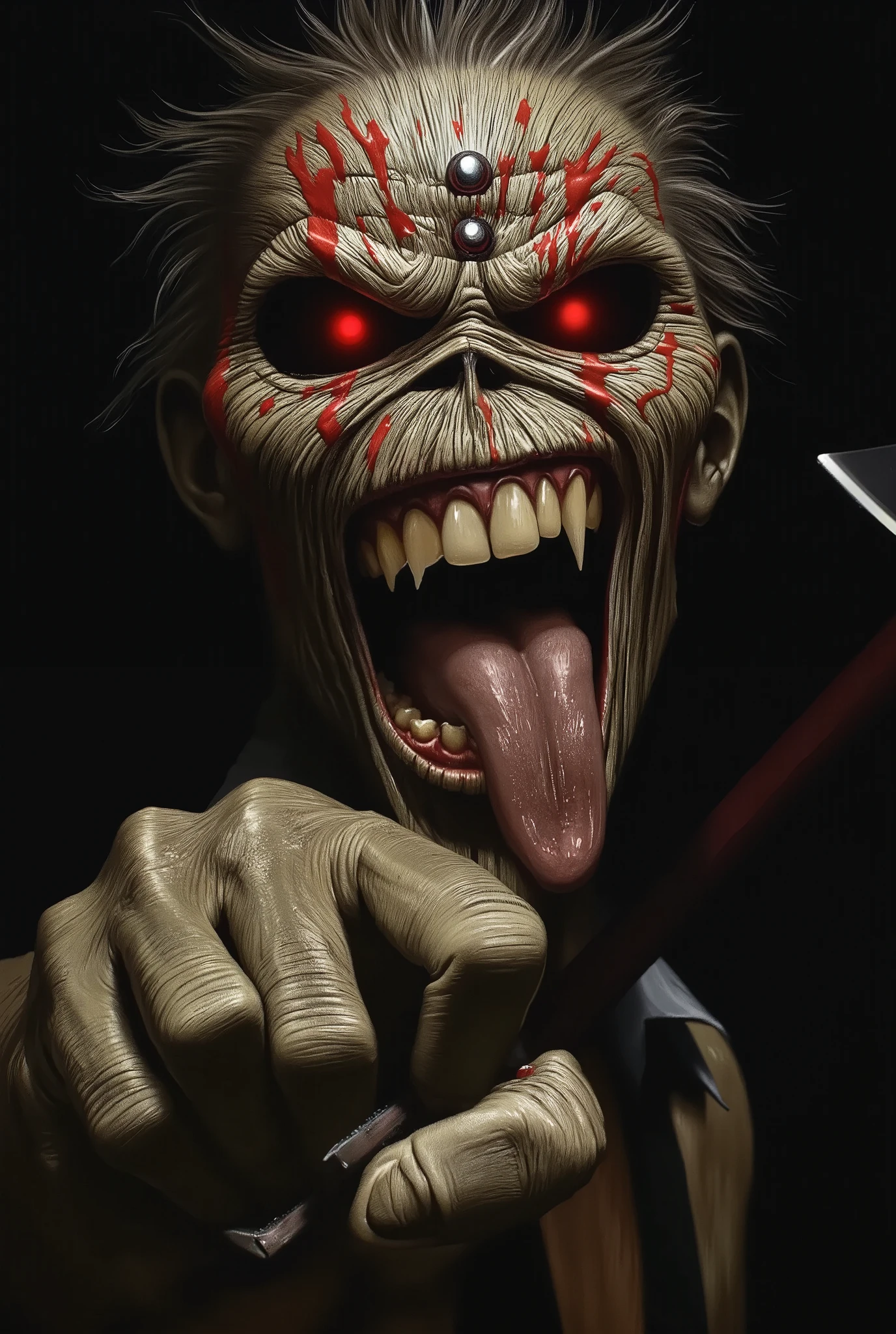 Illustration, T-shirt art, Graphic Design, a close up of Eddie from Iron Maiden holding axe, macabre poster art, horror!! highly detailed, detailed 4k horror artwork, by Olaf Rude, horrorcore, butcher billy style, by Dave Arredondo, by Dicky Doyle, horror illustration, butcher billy, horror poster, mark brooks detailed, by Roberto Parada, by Jay Hambidge. (((Black Background)))