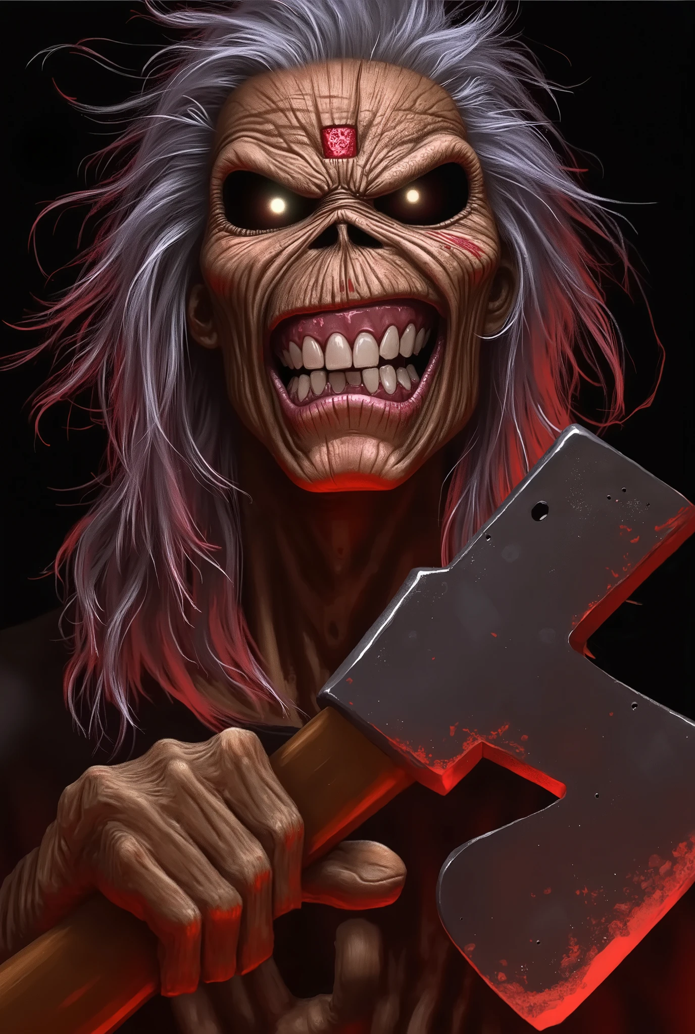 Illustration, T-shirt art, Graphic Design, a close up of Eddie from Iron Maiden holding axe, macabre poster art, horror!! highly detailed, detailed 4k horror artwork, by Olaf Rude, horrorcore, butcher billy style, by Dave Arredondo, by Dicky Doyle, horror illustration, butcher billy, horror poster, mark brooks detailed, by Roberto Parada, by Jay Hambidge. (((Black Background)))