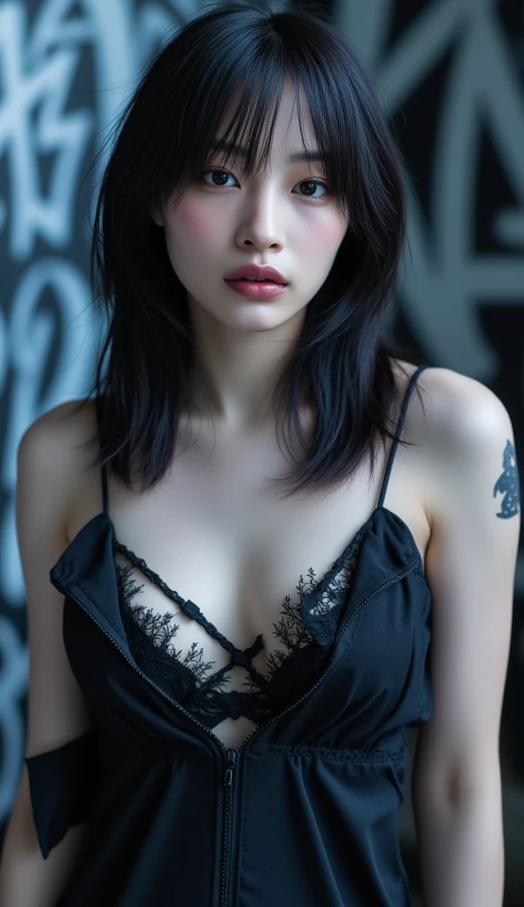 Create a highly detailed digital painting of a young woman with short, tousled black hair, sitting cross-legged in a traditional Japanese wooden room, tattoos all over the body, legs folded, showcasing a mix of traditional and modern designs. She is wearing a striped kimono with a deep neckline, partially revealing her tattoos. Her expression is calm and focused, with a slight blush on her cheeks. The wooden interior, with soft natural light filtering through shoji screens, adds to the serene and contemplative atmosphere.