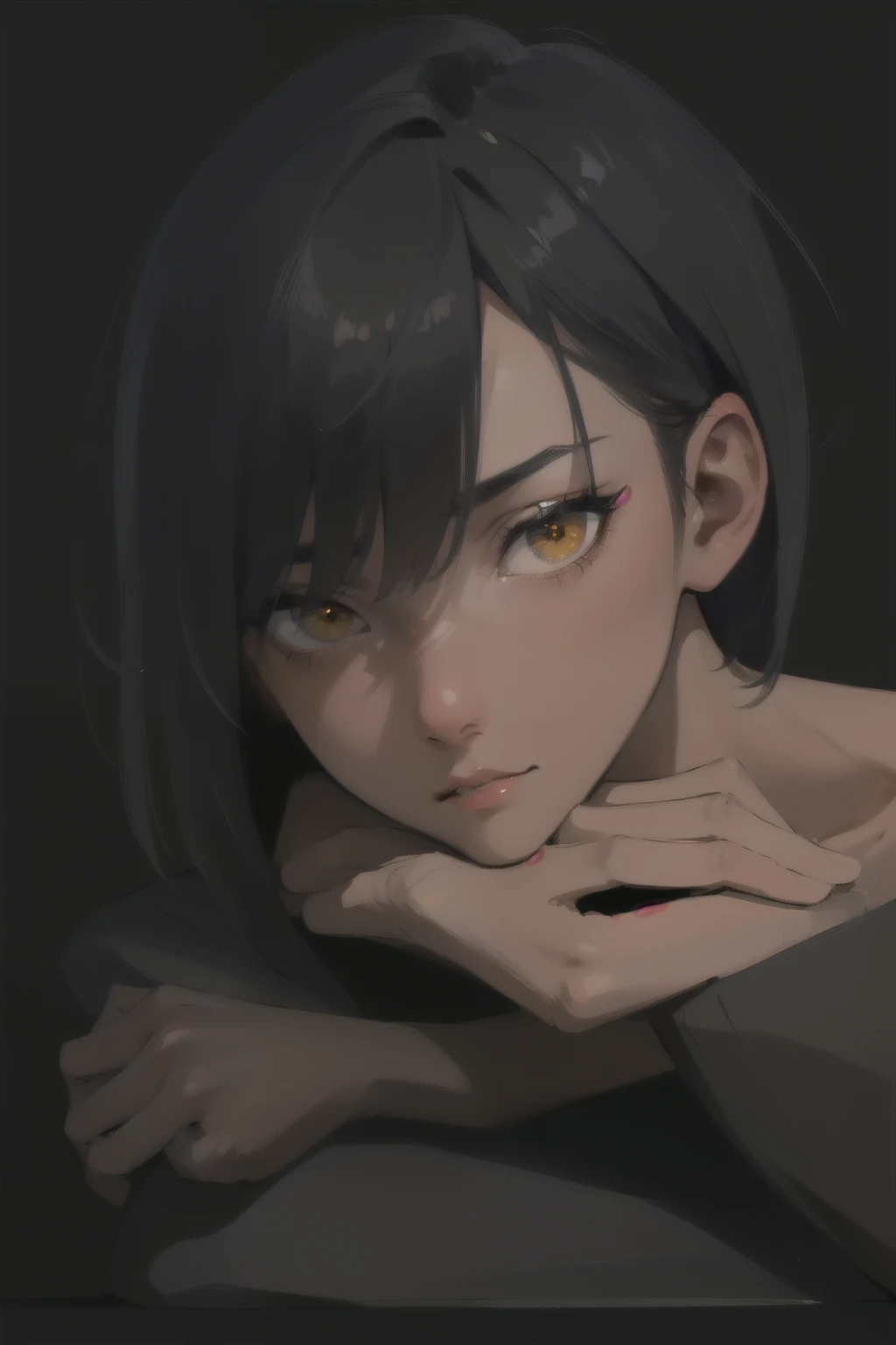 Alone, best quality , Masterpiece, High-definition CG, extremely detailed 8k wallpaper , highly detailed characters, (an extremely delicate and beautiful portrait ), portrait , Alone, sharp concentration, Dark skinned tomboy (((shaving side ))) head, black hair, with Yellow Eyes, detailed close-up portrait , head rest pose