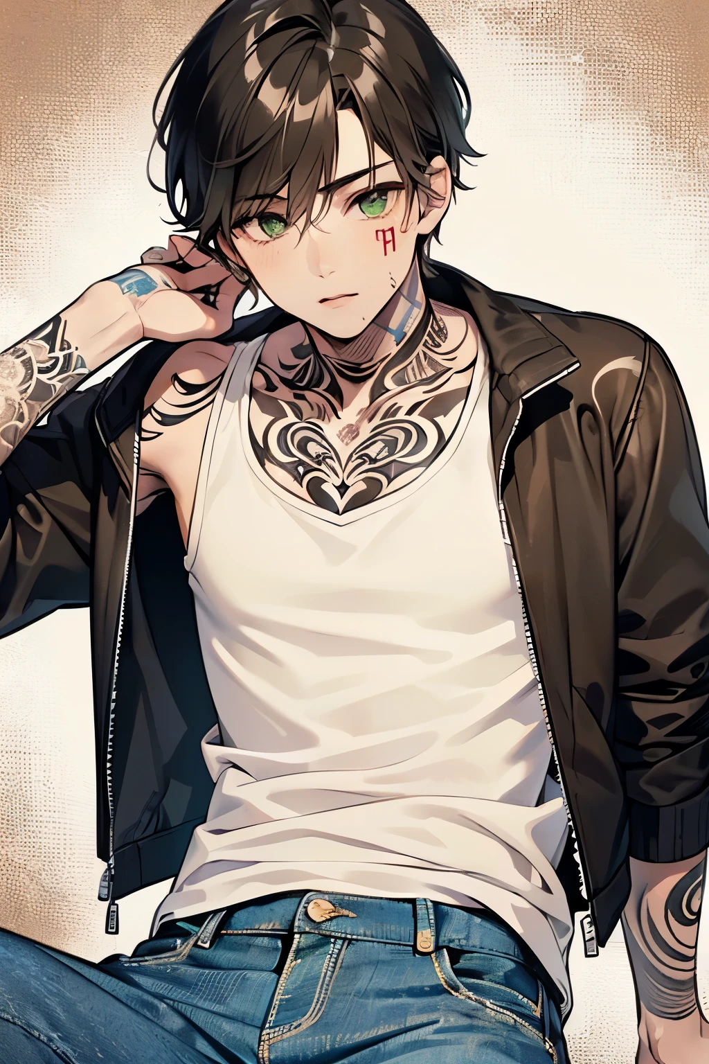  ((1-boy :1.5)),((Adult men with sex appeal:1.0)), black hair,  for men,  medium hair with visible tattoos , green eyes ,Beautiful Boy, skinny,close up Face,((tattoo on right arm:1.2)), tank top,((I'm sticking my hand into the blouson jacket )), denim pants,((Sepia Tone:1.2)),