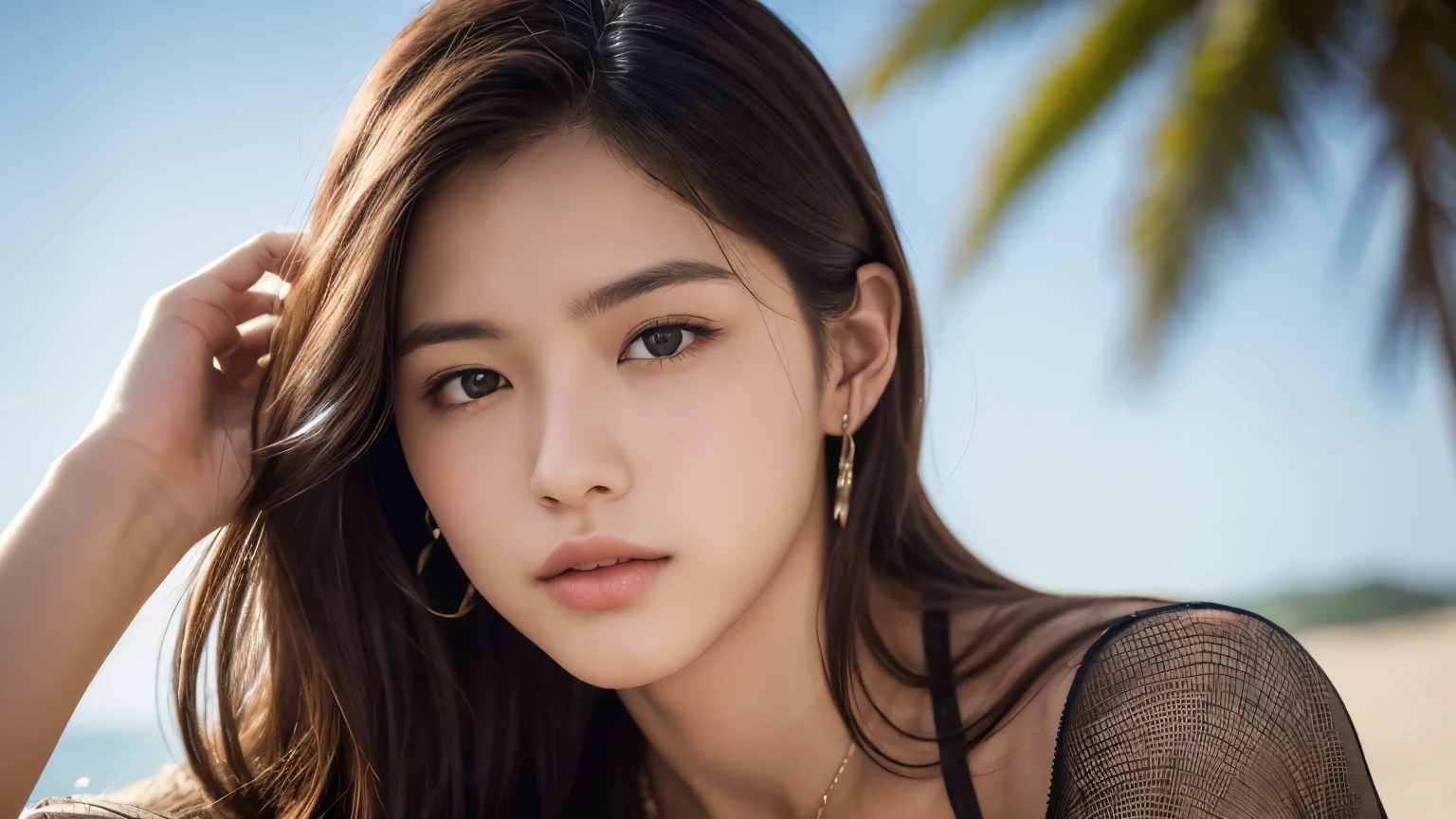 (18-year-old sweetheart), (Colossal tits:1.3), ((Grab the viewer's hand)), Hawaiian ocean、Blue Silk Micro Bikini、Turn、Lying at the water's edge、On a towel、(master piece: 1.3), (max resolution: 1.4), (UltraHD: 1.2), cinematric light, UltraHD, (Detailed eyes and skin), (detailed facial features), nffsw, 8K分辨率, Perfect Style, Beautiful expression、Highly detailed facial and skin texture、A detailed eye、二重まぶた、Glitter Eyeliner:1.2、shinny skin、fair white skin:1.8、shiny little necklace and earrings,Red Rouge、Dark lipstick:1.2、shiny lip:1.2、((FULL BODYSHOT:1.2))、((From a very intimate distance:1.0))、(Layered Hair Style、lightbrown hair)、medium-Long hair、(seek a kiss:1.2)