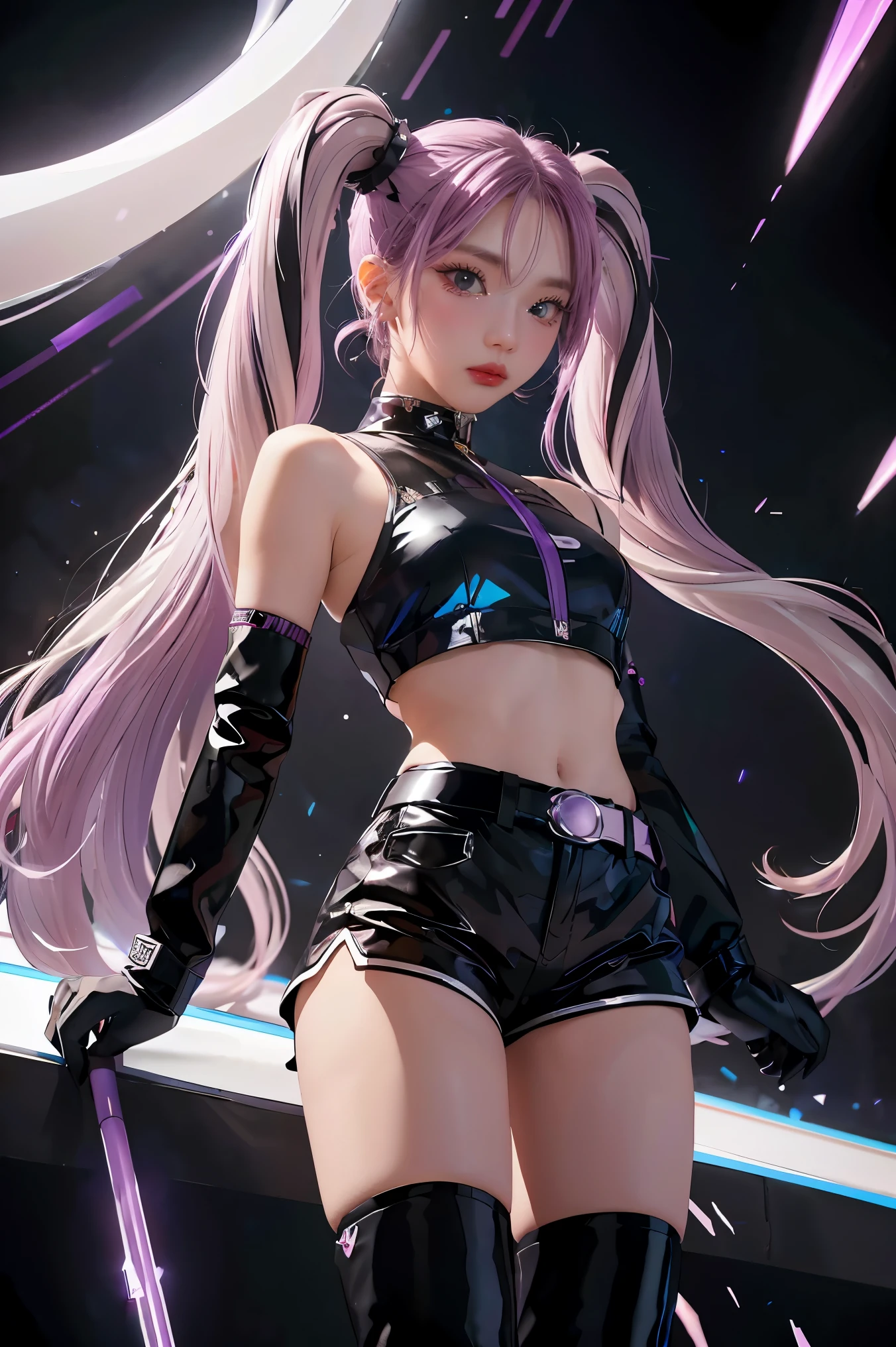 Best Quality, Ultra High Resolution, Cute, (KPOP Idol), (Long Twintail), (Light Purple Hair:1), ((Big Eyes)), Looking at you, BREAK ((upper body:1.3)), Front View,A character with long, flowing silver hair and a slender build, wearing a black and white outfit that includes thigh-high boots and gloves. The character is in a dynamic pose surrounded by ethereal purple crystals and energy, The character is in a dynamic pose surrounded by ethereal purple crystals and energy,A character with long, flowing purple hair, wearing a metallic top and black shorts with thigh-high boots. The outfit includes straps and belts, giving it a futuristic or fantasy style. The character is in a dynamic pose with radiant light or energy surrounding them, set against a minimalistic abstract background,