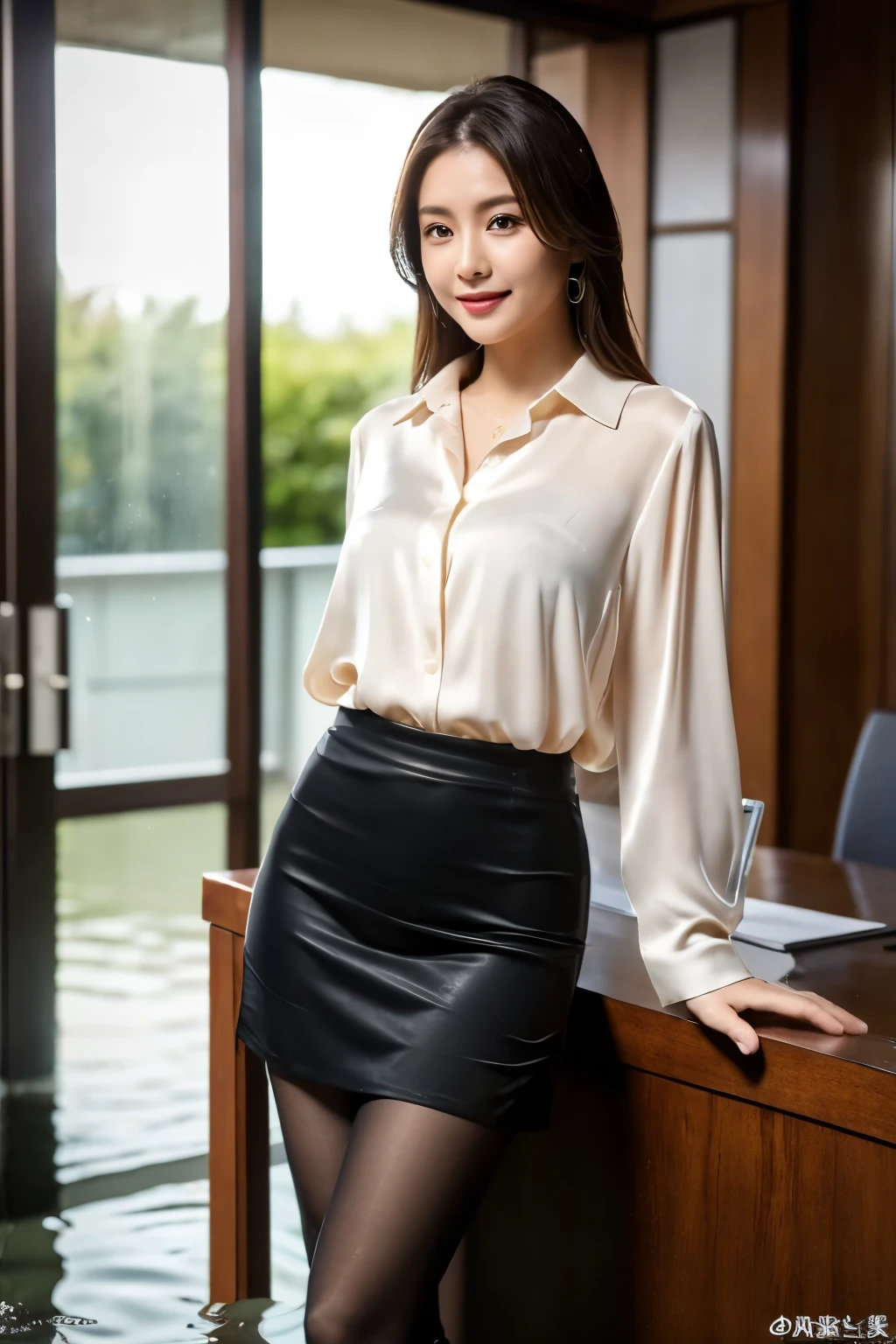 Korean woman, beautiful face, masterpiece, HD, photorealistic, smiling, seductive, office wear, wearing office clothes, silk button blouse)), pleated silk skirt, sfw, formal, physics based rendering,