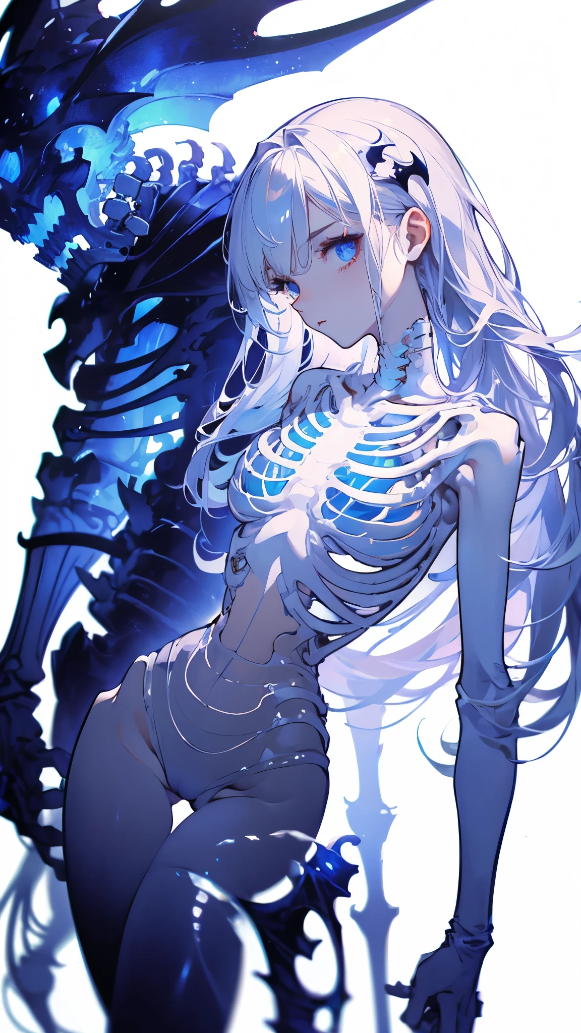 (( masterpiece, best quality)), Delicate Faces ,vampire, pure white background ,blue,Cyber body ,skeleton, ribs, transparent body, Full Body Photo ,sexy