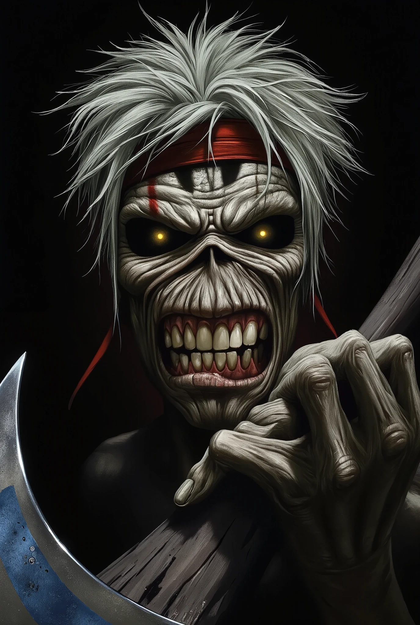 Illustration, T-shirt art, Graphic Design, a close up of Eddie from Iron Maiden holding axe, macabre poster art, horror!! highly detailed, detailed 4k horror artwork, by Olaf Rude, horrorcore, butcher billy style, by Dave Arredondo, by Dicky Doyle, horror illustration, butcher billy, horror poster, mark brooks detailed, by Roberto Parada, by Jay Hambidge. (((Black Background)))