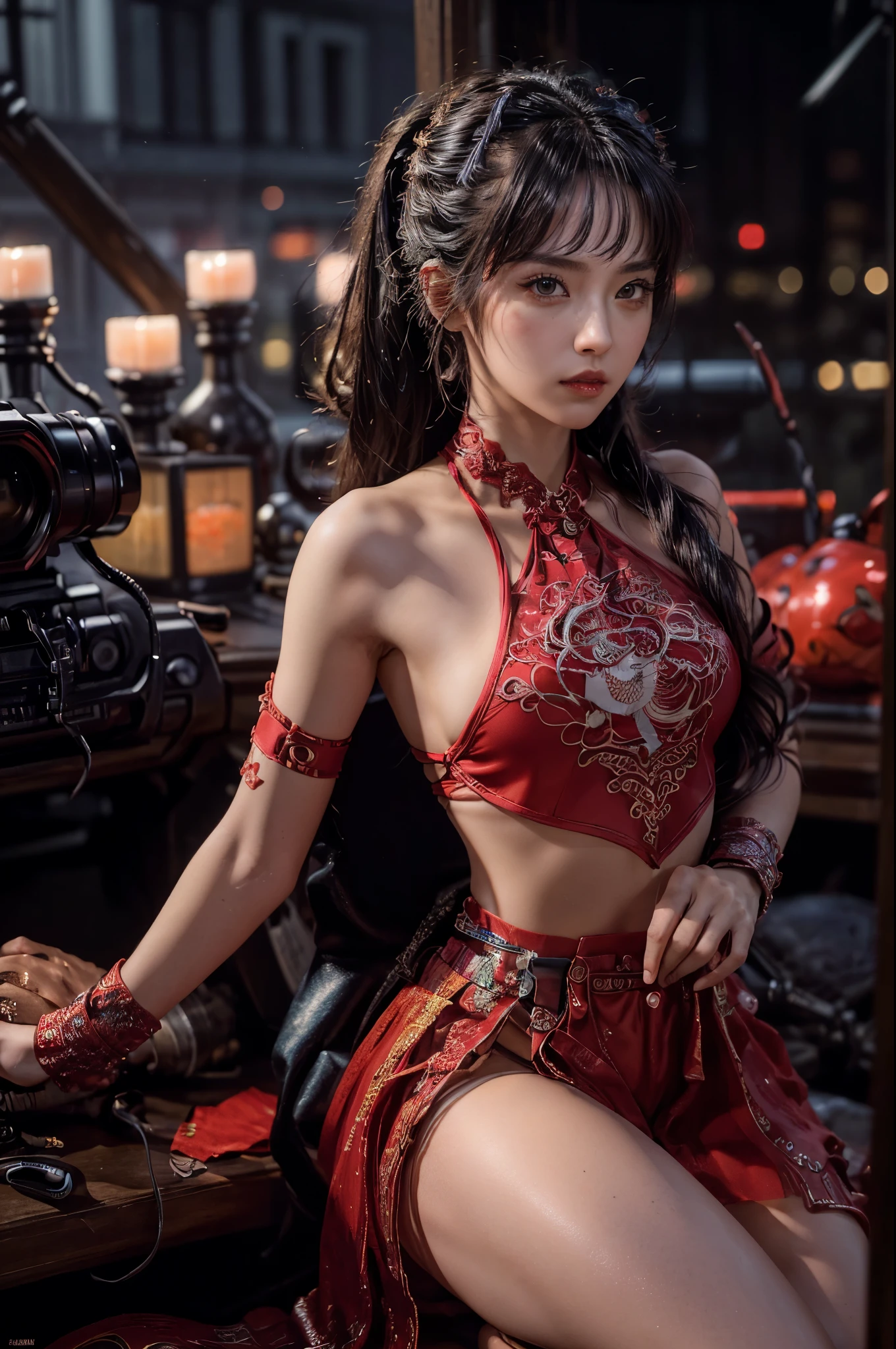 (masterpiece:1.2), (best quality), (ultra detailed), (8k, 4k, intricate), (half-shot:1.2), (highly detailed:1.2), (detailed face:1.2), (detailed background), (portrait), detailed landscape, girl, cyber ninja, fighting stance, tech implants, Laser, japan style city background, night, neon lights, raining