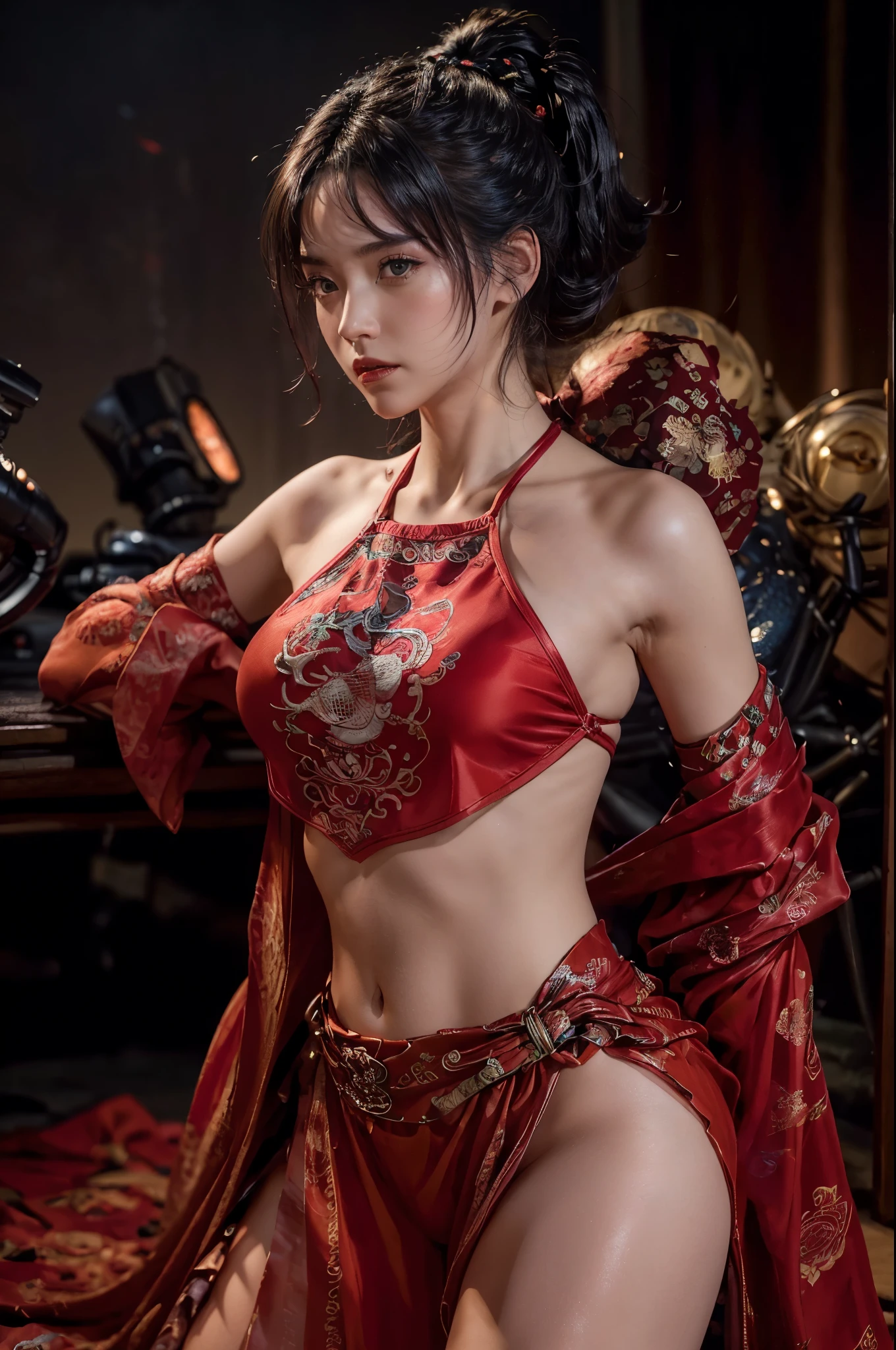 (masterpiece:1.2), (best quality), (ultra detailed), (8k, 4k, intricate), (half-shot:1.2), (highly detailed:1.2), (detailed face:1.2), (detailed background), (portrait), detailed landscape, girl, cyber ninja, fighting stance, tech implants, Laser, japan style city background, night, neon lights, raining