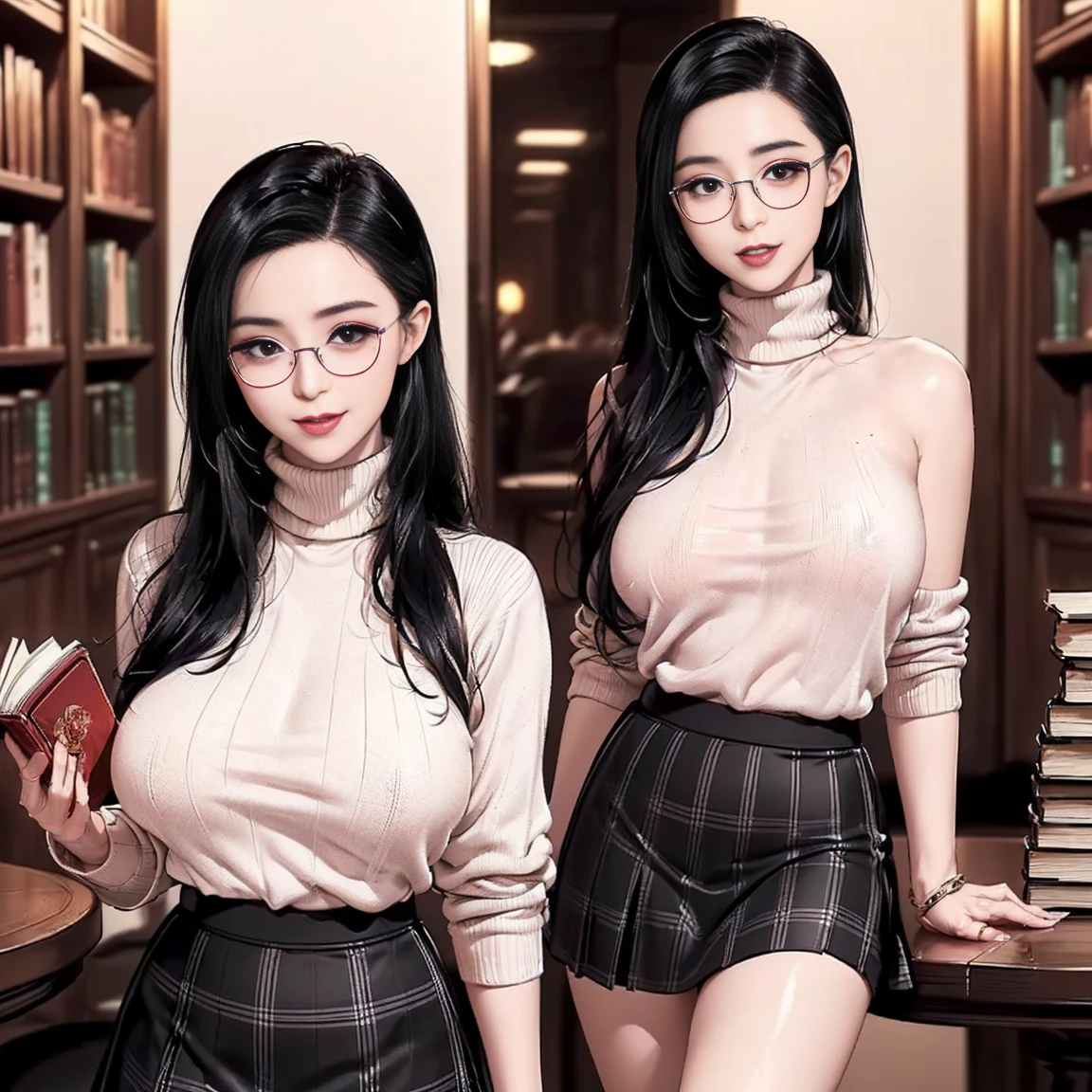 onoff,side-by-side photo,split screen, (Masterpiece, Best Quality:1.3), depth of field,cinematic lighting,(ultra detailed 8k:1.2), (hyperrealistic:1.35), (Photo realistic:1.45), (realistic:1.4),Japanese,Beautuful Women,18year old ,full body shot,mideum shot,at library,female students,((casual wear)),read a book,smile,(Slender body:1.4),Glasses,