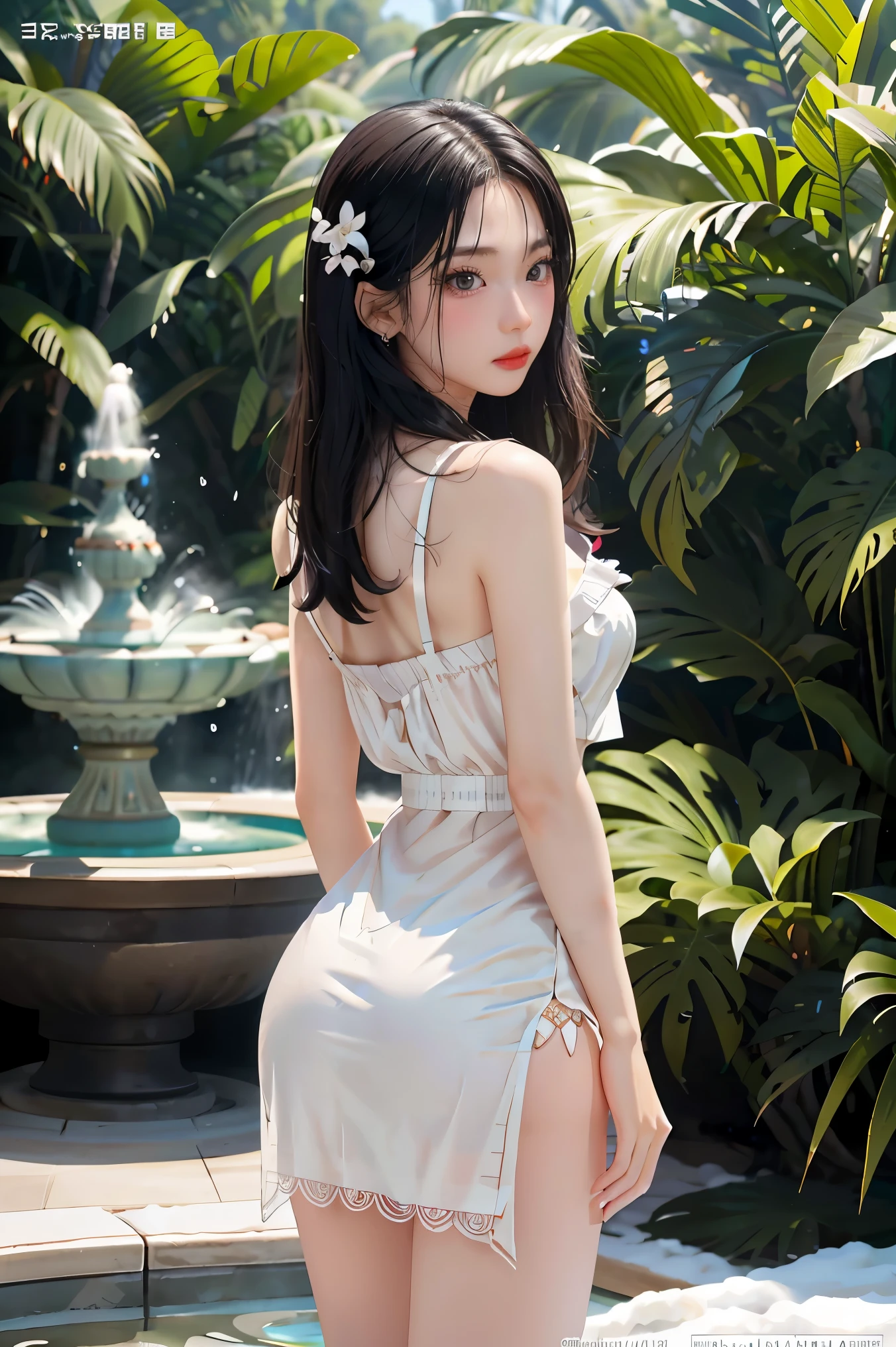 Young woman,Twenty-nine years old, Asian face, Long black hair, Skin as white as snow, wearing a sexy white antique Chinese Hanukanica dress, Big chest, Thin waist, Big butt,Bathing in a fountain , Manga drawing style, realistic 2.5D