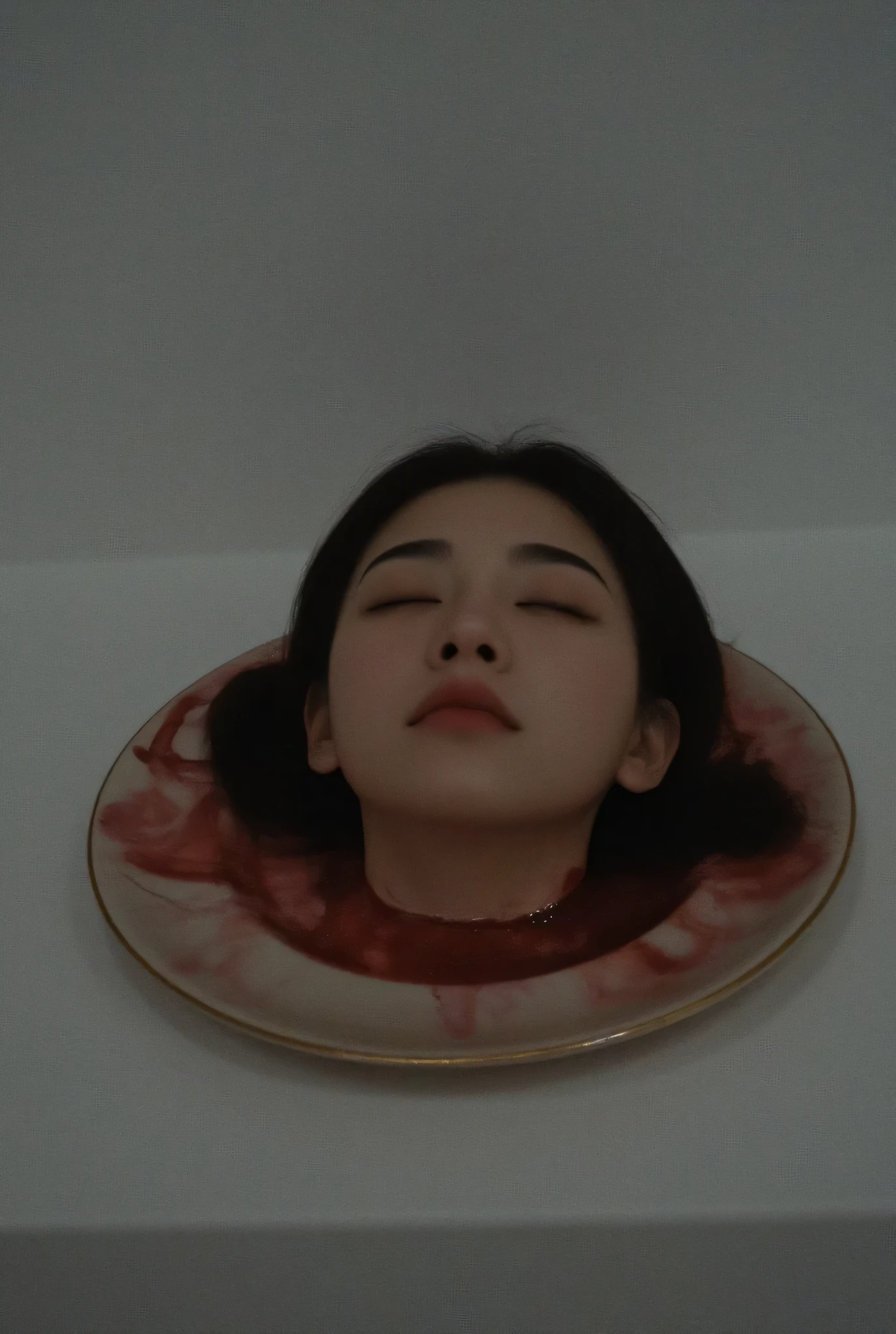   place the head of a decapitated woman , Asia,  Less blood stains   , ((  Close Your Eyes )),   like a dish on a plate  , Bloody,  actual , 4K, Nikon, fear