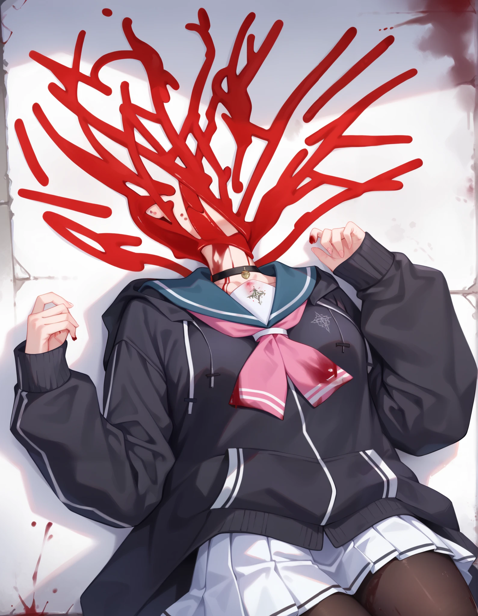 Masterpiece, hd, 1girl, KazusaSDXL,1girl,,jacket,pantyhose,sidelocks,pleated skirt,choker,hairclip,cat ears,hood,miniskirt,sailor collar,black jacket,neckerchief,black tail,black pantyhose,black choker,halo,white skirt, blue sailor collar, wearing hoddie,colored inner hair,black hoodie,pink neckerchief , lying, lying on ground, looking at viewer, gore, (gore:1.3), blood, (blood:1.2), blood splater, a much of bloods, missing heads, expoode heads, broken heads, (missing heads:1.2)