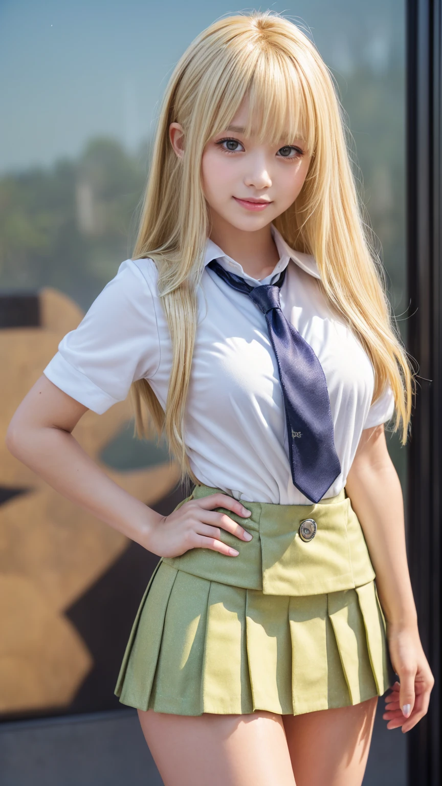 18yo indian girl in school uniform posing for photoshoot, white face like japanese, blonde hair, confident personality