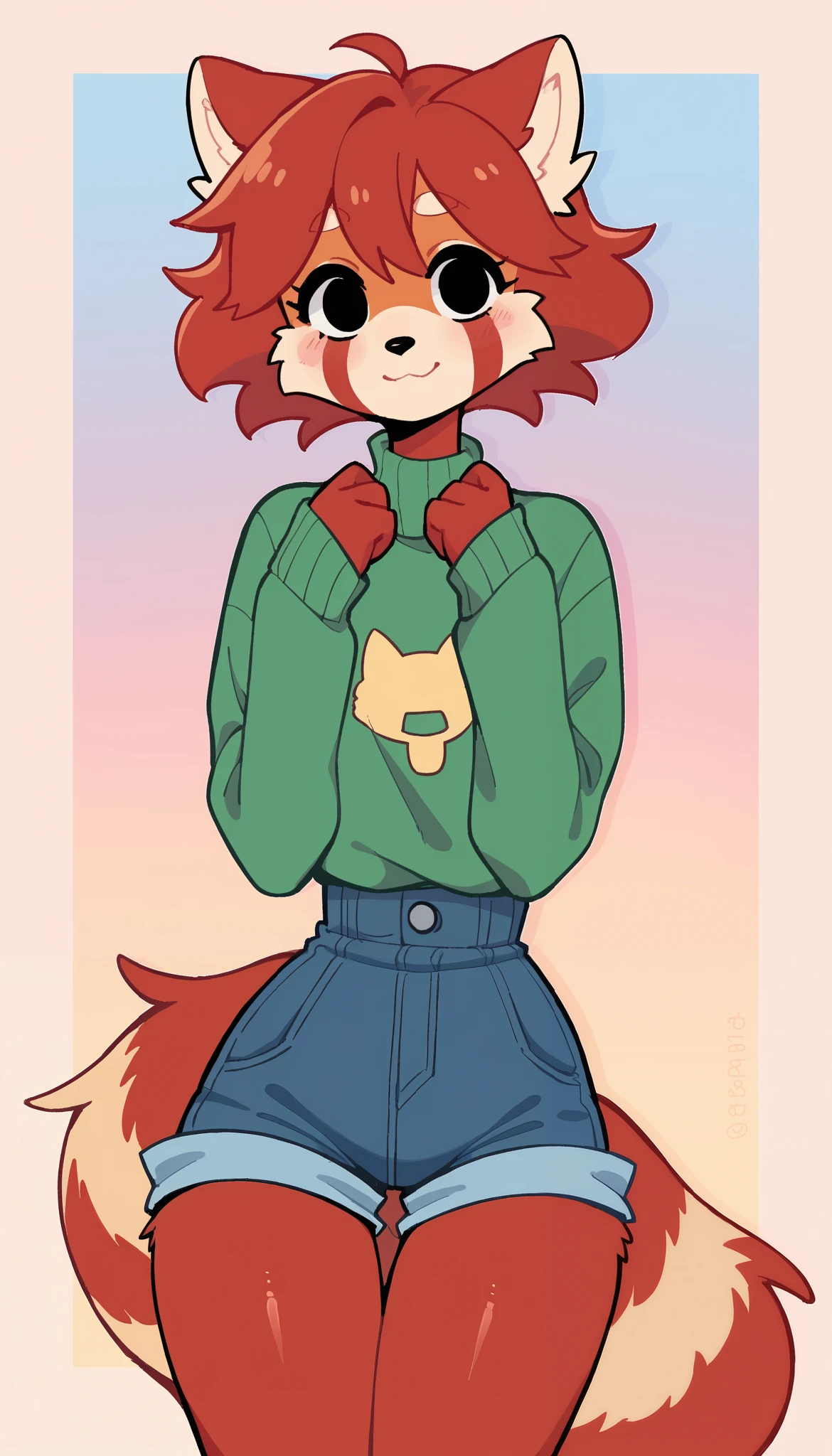 best quality , very detailed illustration , (Anthropomorphic fluffy red panda boy:1,7), red fur, black eyes , disheveled curvy hair , beckon a playful look, slim, ideal body, thin waist, wide hips, Simple drawing, Artifyber style, pastel flat colors , Cute, cartoon, sweater, short shorts