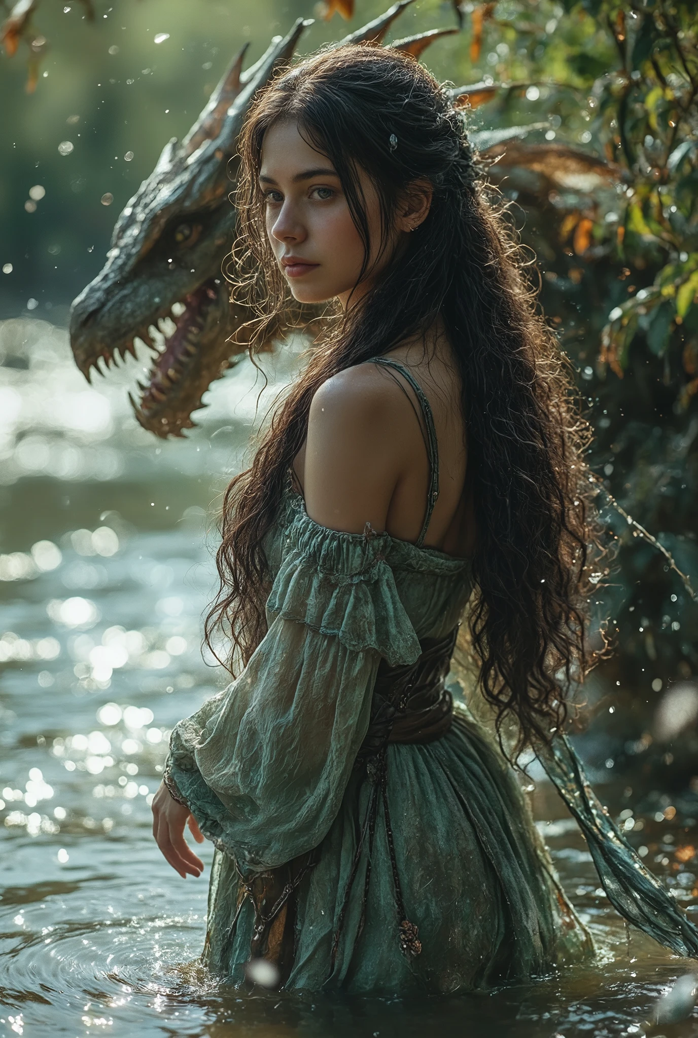  gorgeous(( young woman of Slavic appearance)) with dark long hair,  he stands on the riverbank next to  (dragon),  in fantasy style ,  beautiful colors of nature and water , splashes of water, wind, Radiant Drops,  realistic details , pure 8k focus ,  high detail -AR 3 :4 -C 1 -W 1 -S 1000 -raw -v стиль 6.1
