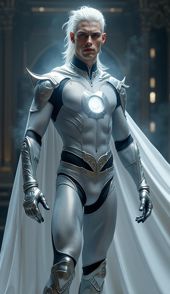A full-length statue of a handsome sexy young man with beautiful open blue eyes, looking forward, with silver skin - The Moon God, made of silver, Arab appearance, naked, in a silver skirt to the floor, with a hood, semicircular symbols on clothes 
In a temple with Arabic architecture made of silver