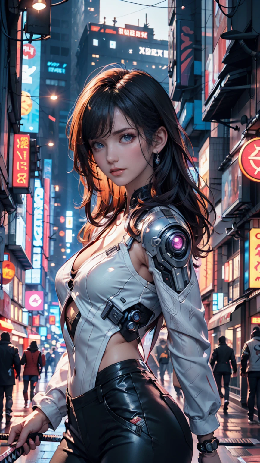 Best Illustrations, Woman covered in complex white cybernetics, Blue LED light, Combat Uniform, Cleavage, high tech, Ultra-high resolution, 32K, (Bikini Cyborg Robot Parts), (detailed:1.4), Cyberpunk City Background, Rainy Street, Beautiful Face, Long golden hair, Professional Lighting, masterpiece, Very delicate and beautiful, Professional photos, upper body,