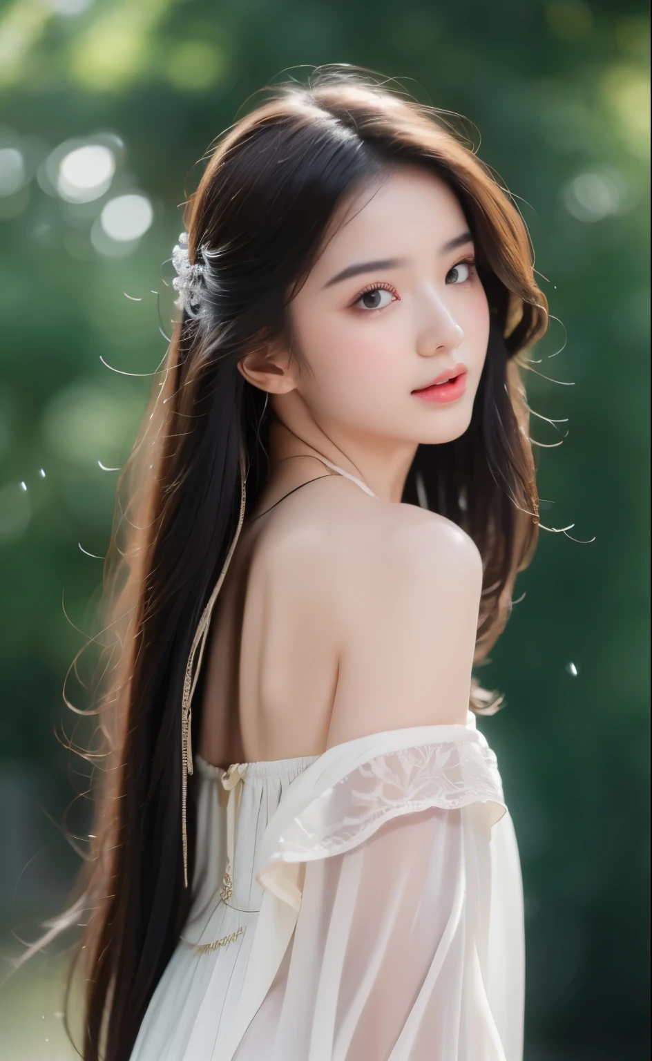 ((Best Quality, 8k, Masterpiece: 1.3)), Focus: 1.2, Perfect Body Beauty: 1.4, Buttocks: 1.2, ((Layered Haircut)), (Wet Clothes: 1.1), (Rain, Street:1.3), (Breasts: 1.2), (Hanfu: 1.2), Bare Shoulders, Bare Legs, Highly Detailed Face and Skin Texture, Fine Eyes, Double Eyelids, Whitened Skin, Long Hair, (Shut Up: 1.5), (Bokeh Background: 1.5), Big Breasts