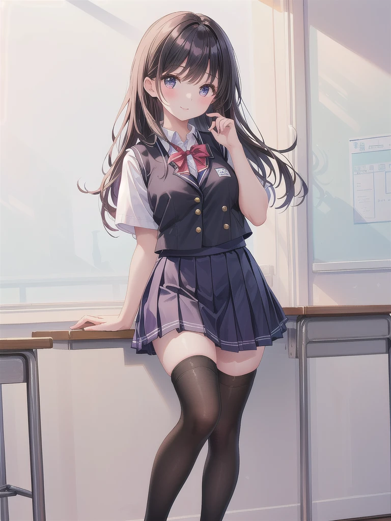 (((1girl))), ((best quality)), (((masterpiece))), ((ultra-detailed)), (illustration), (detailed light), (an extremely delicate and beautiful), (beautiful detailed eyes), (sunlight), ((extremely light)), 

((((school blazer and a brief pleated skirt)))),
school girl,

wavy medium hair, (((dark brown hair))), (((long hair))), 
(((deep orange eyes))), 

((whole body)), aged 14 to 17, 
diamond, beautiful, ((extra elegant)), (((condescending expression))), (sexually mischievous smile),  (((extra adorable))), (((extra slender shape))), 

(((standing in the classroom))),

(((extraordinarily thin thighs))), ((exposed (pure white panties))),
(((mat white ankle socks))),