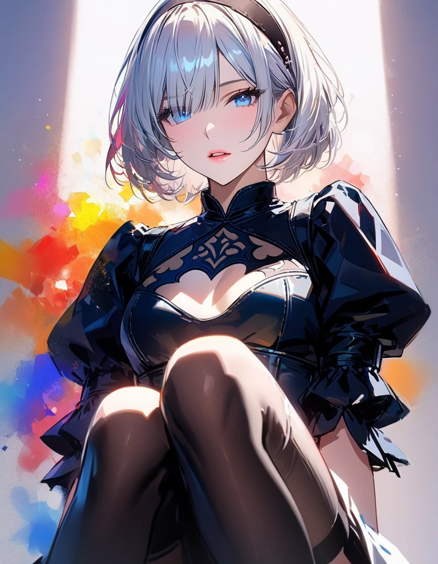 a woman in a black outfit sitting on a tiled floor, ilya kuvshinov. 4 k, oppai cyberpunk, best anime 4k konachan wallpaper, thicc, ilya kuvshinov landscape, seductive anime girl, 8k high quality detailed art, black rose patterned dress. Sexy outfit, nsfw