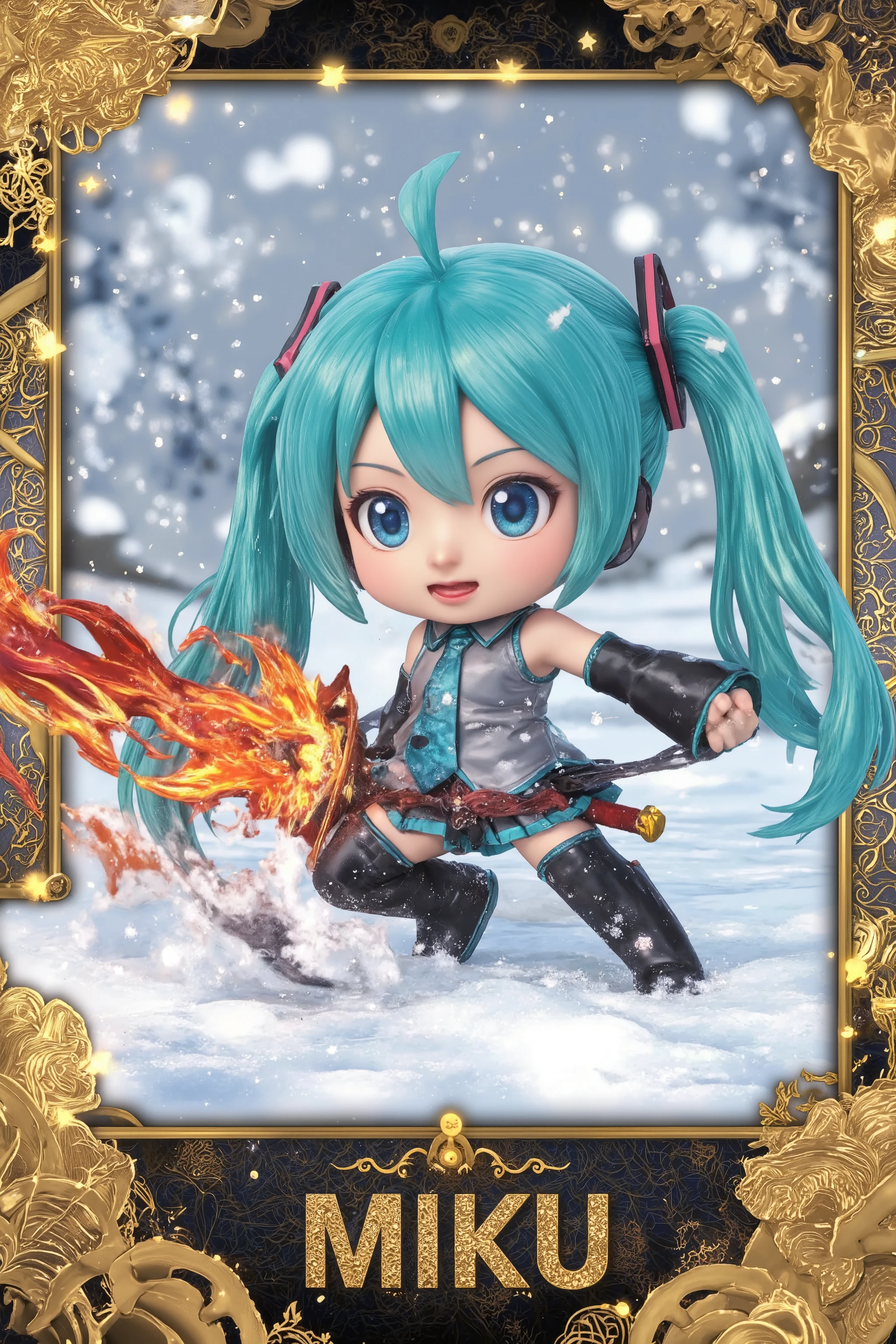 chibi, miku hatsune, aqua eyes, aqua hair, crossed bangs, hair between eyes, long hair, twintails, sleeveless, over-knee footwear, pleated skirt, sleeves, slim boots, windswept hair, red flaming Katana sword, fighting pose, mengli, extremely cold snow, snow, cold, shout, Japanese gold pattern wallpaper, Japanese gold-patterned light particle frames, trading card, gold stylish text in the bottom ”MIKU”,