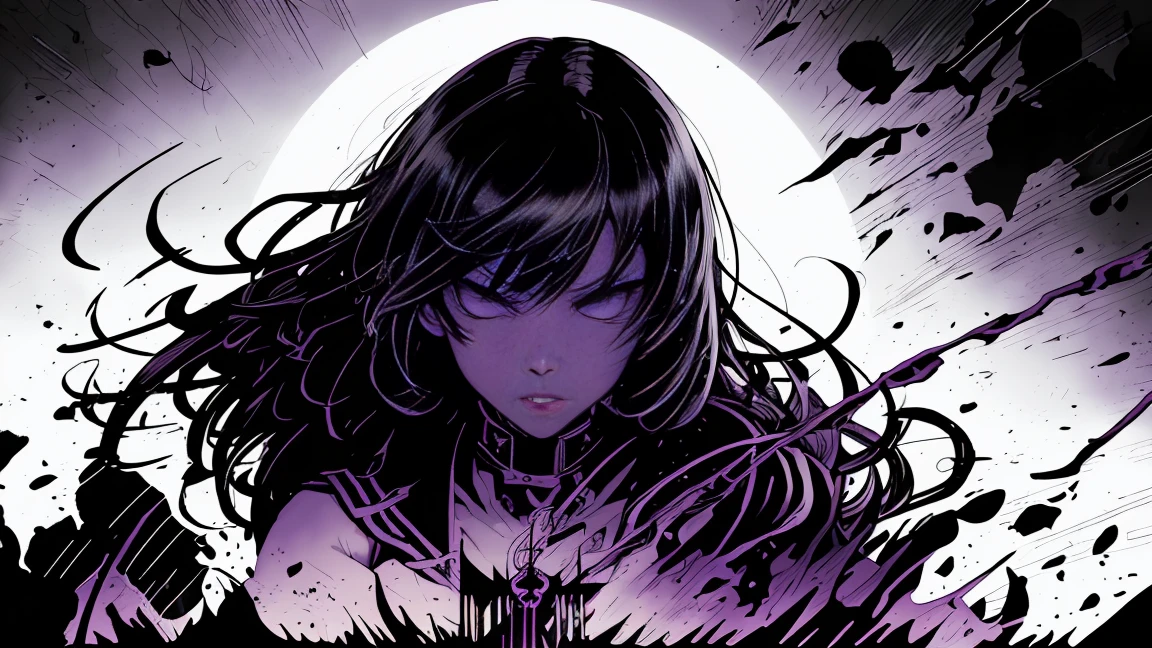 v5lcn style,ink art,(Best Quality,masutepiece:1.2), dark colored ,(extreme high contrast),Dark ink,1girl in,A dark-haired,Shadow on face、4K,resolution, ripped long hair, ring halo on head, Angel Girl, Angelic, horror.