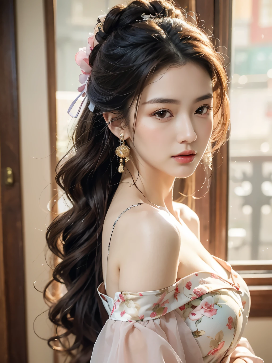 Best Quality, Masterpiece, Ultra High Resolution, (Realisticity: 1.4), Original Photo, 1girl, Pink Off-the-Shoulder, Cinematic Lighting,the whole body,Full body (1:3), chest straight, (from the outside) (shiny skin), many colors, best quality, masterpiece, realistic photos, complex details, RAW photos, court, Gorgeous cheongsam in many colors, extra long hair, off shoulder, delicate face, exposed cleavage, decoration, standing by the window, cheongsam, lace, clothing exposed, decoration, revealing thighs, front close-up, looking at the camera