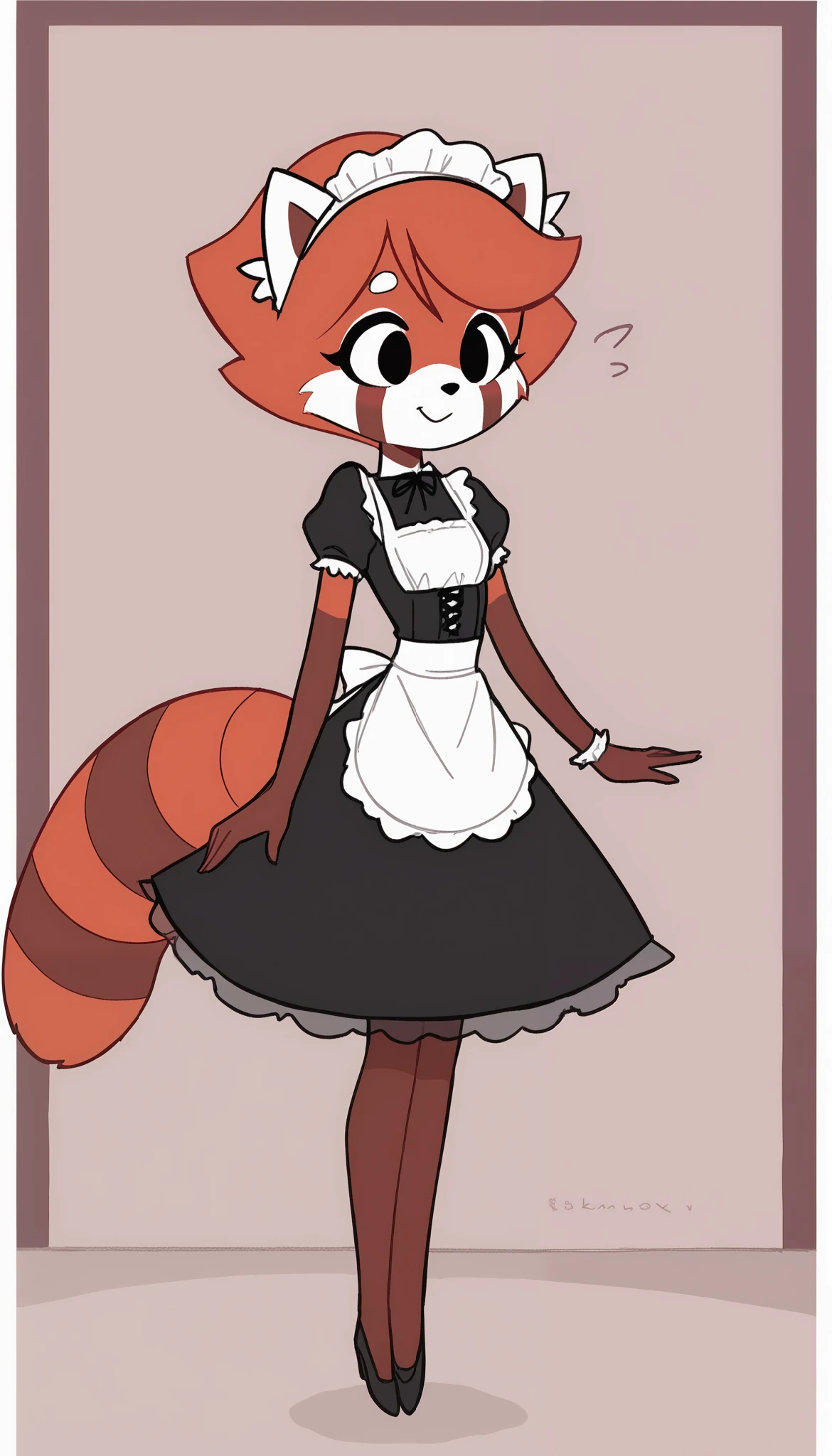 best quality , very detailed illustration , (Anthropomorphic fluffy red panda boy:1,7), red fur, black eyes , disheveled curvy hair , beckon a playful look, slim, ideal body, thin waist, wide hips, Simple drawing, Artifyber style, pastel flat colors , Cute, cartoon, maid dress