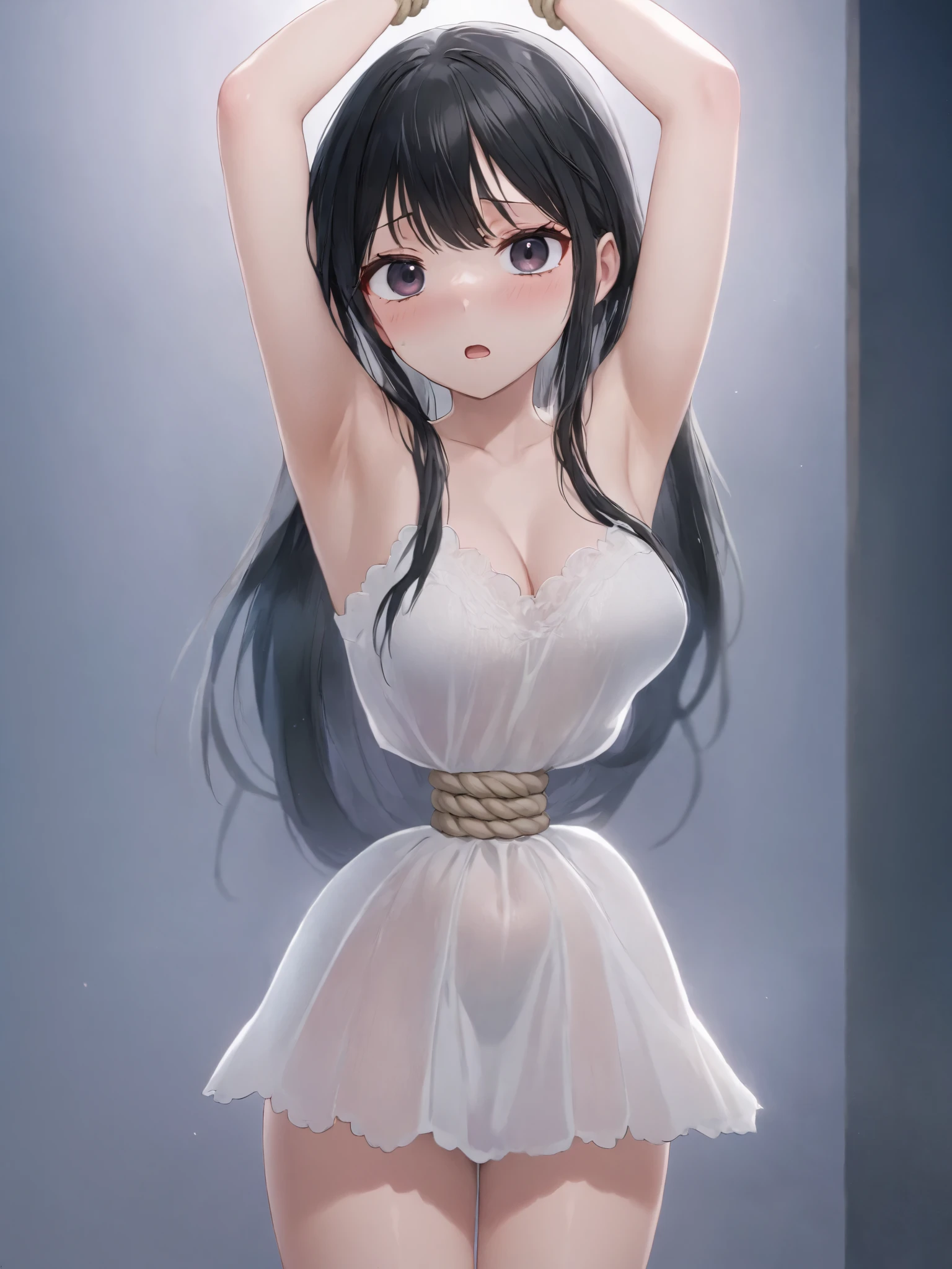 ((anime style ))),(( masterpiece )), (( top quality)), (super detailed ),torture chamber,((( hemp rope tightly tightning around her waist))), cute girl, 1 girl,white lace slip dress ,beautiful black hair,(beautiful black eyes),long hair,expression of pain