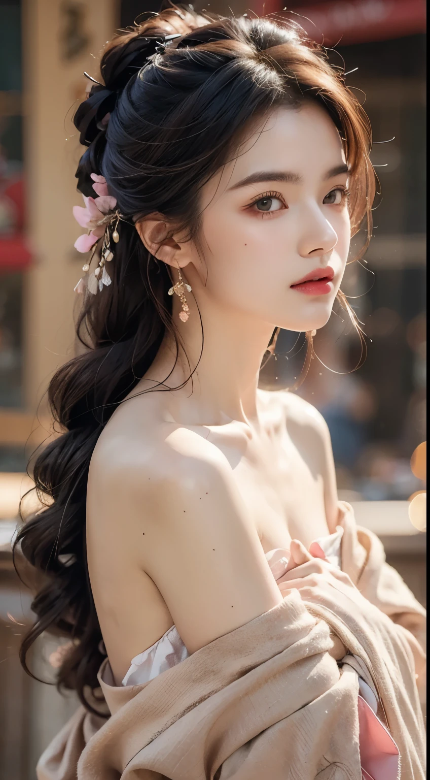 Best Quality, Masterpiece, Ultra High Resolution, (Realisticity: 1.4), Original Photo, 1girl, Pink Off-the-Shoulder, Cinematic Lighting
