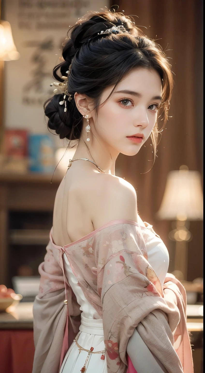 best quality, masterpiece, ultra high resolution, (authenticity: 1.4), original photo, 1 girl, pink off the shoulder, movie lighting