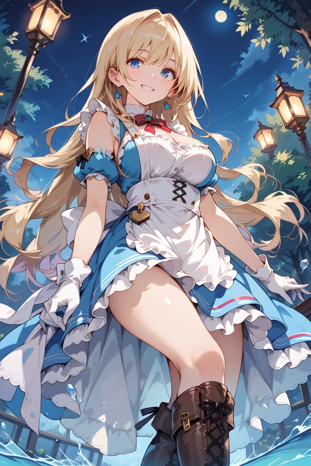 anime girl with long blonde hair and blue eyes in a white dress, high priestess, gorgeous white gown, goddess, white thighhigh boots, blonde anime girl with long hair, anime goddess, seductive anime girl, render of april, ecchi, from the azur lane videogame, water garden, pixiv 3dcg, ahegao, blush, sweat, open mouth, rolling eyes, tears, tongue out, skirt lift by myself, showing panties, nsfw,