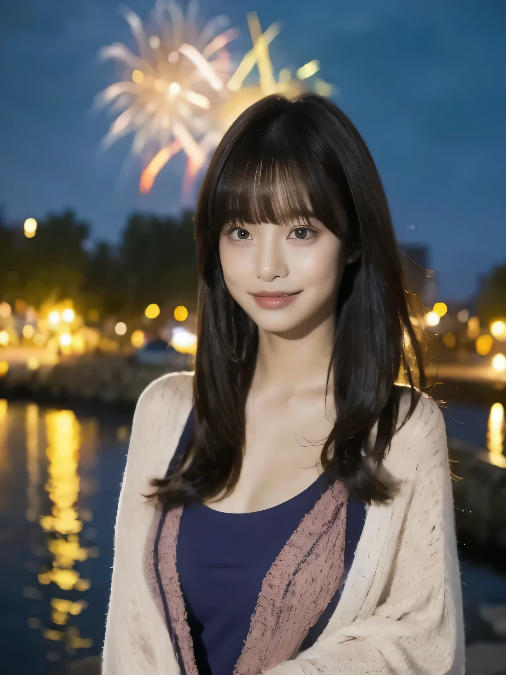 1 girl, high resolution, looks, One Piece, is wearing clothes, Illuminations, night view, long hair, bangs between eyes, chest, smiles